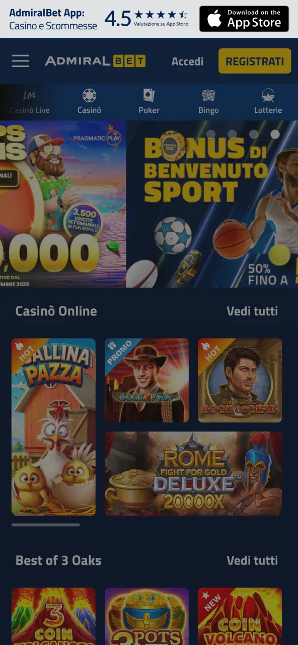 AdmiralBet is quick access to the app with direct link from the site.