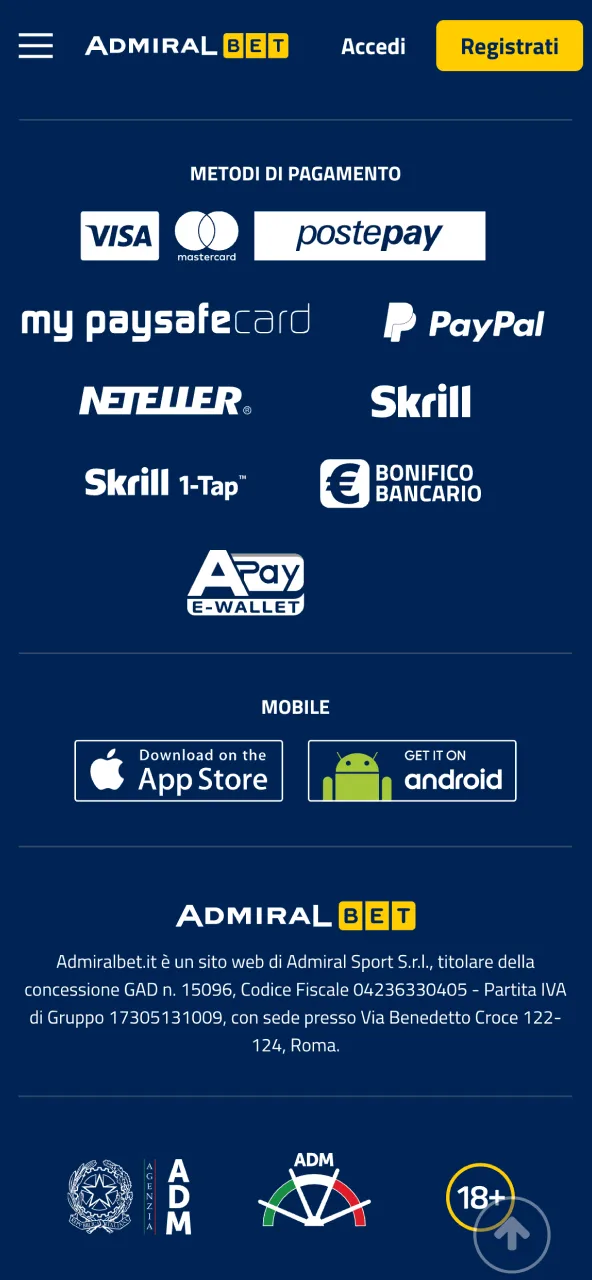 AdmiralBet deposit select method type amount confirm action.