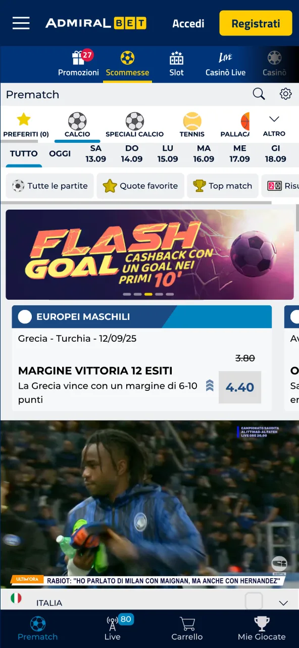 Select event and market on AdmiralBet with one tap.