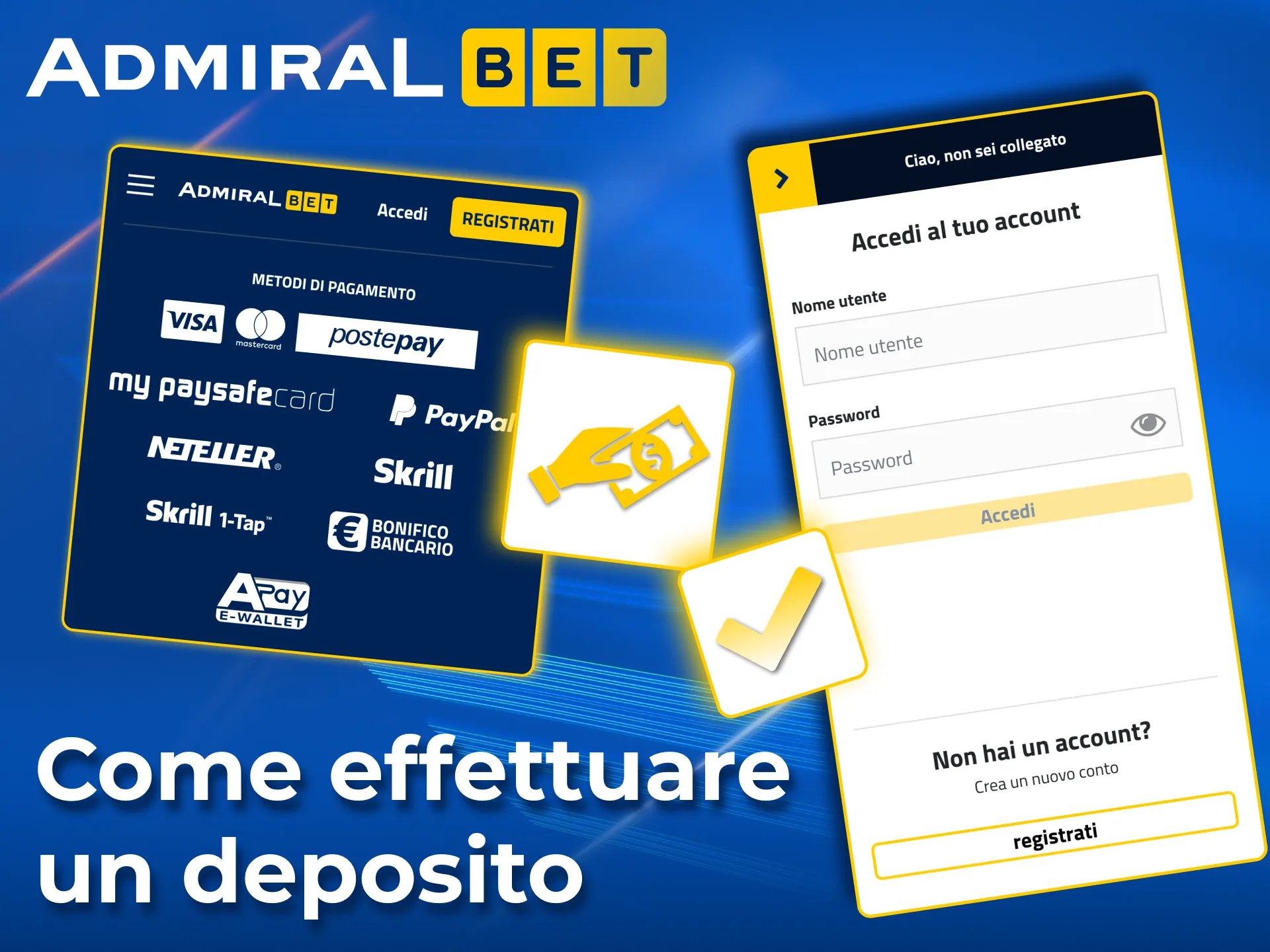 AdmiralBet è ricarica immediata con carte e wallet digitali.