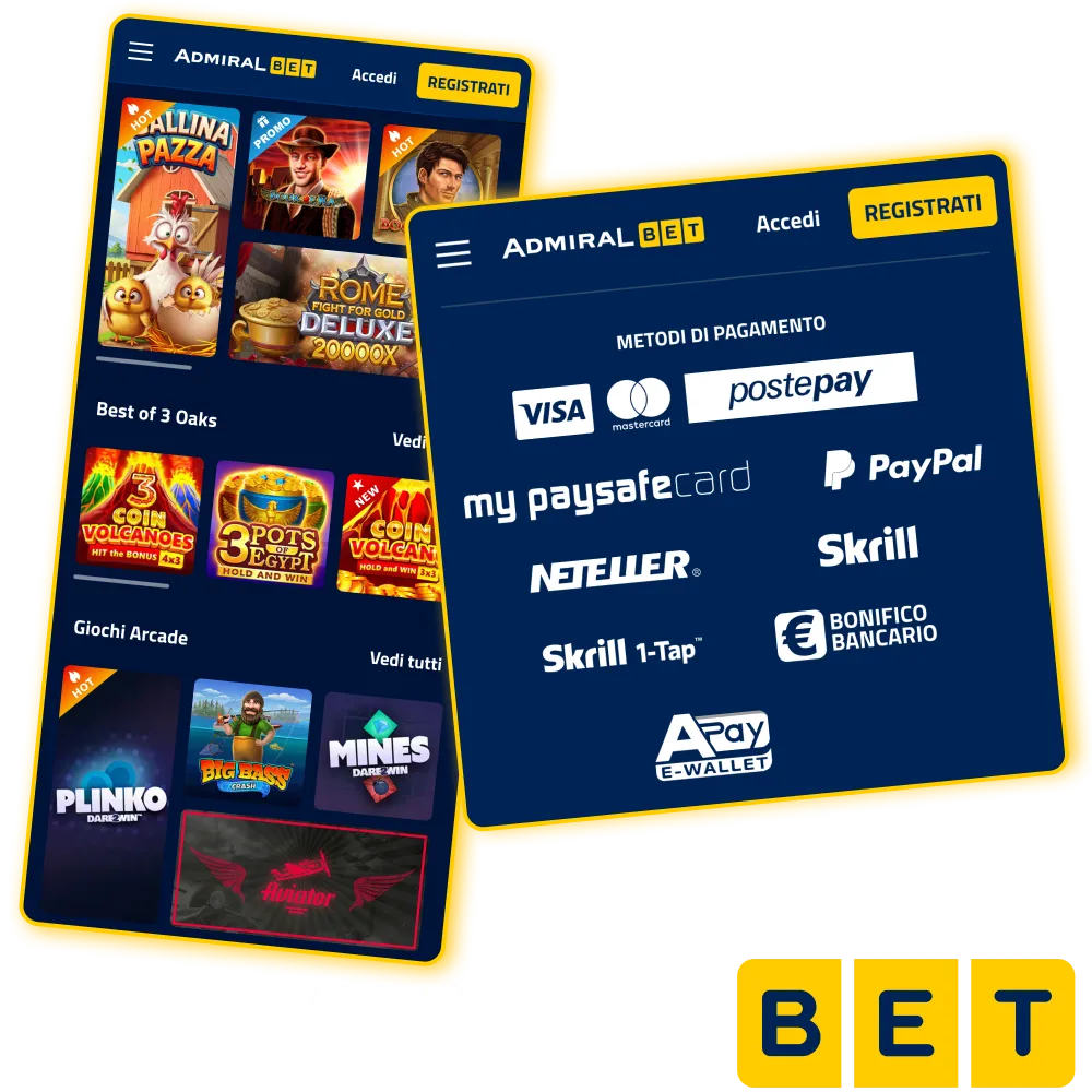 Safe and fast deposits at Admiralbet with cards and e-wallets.