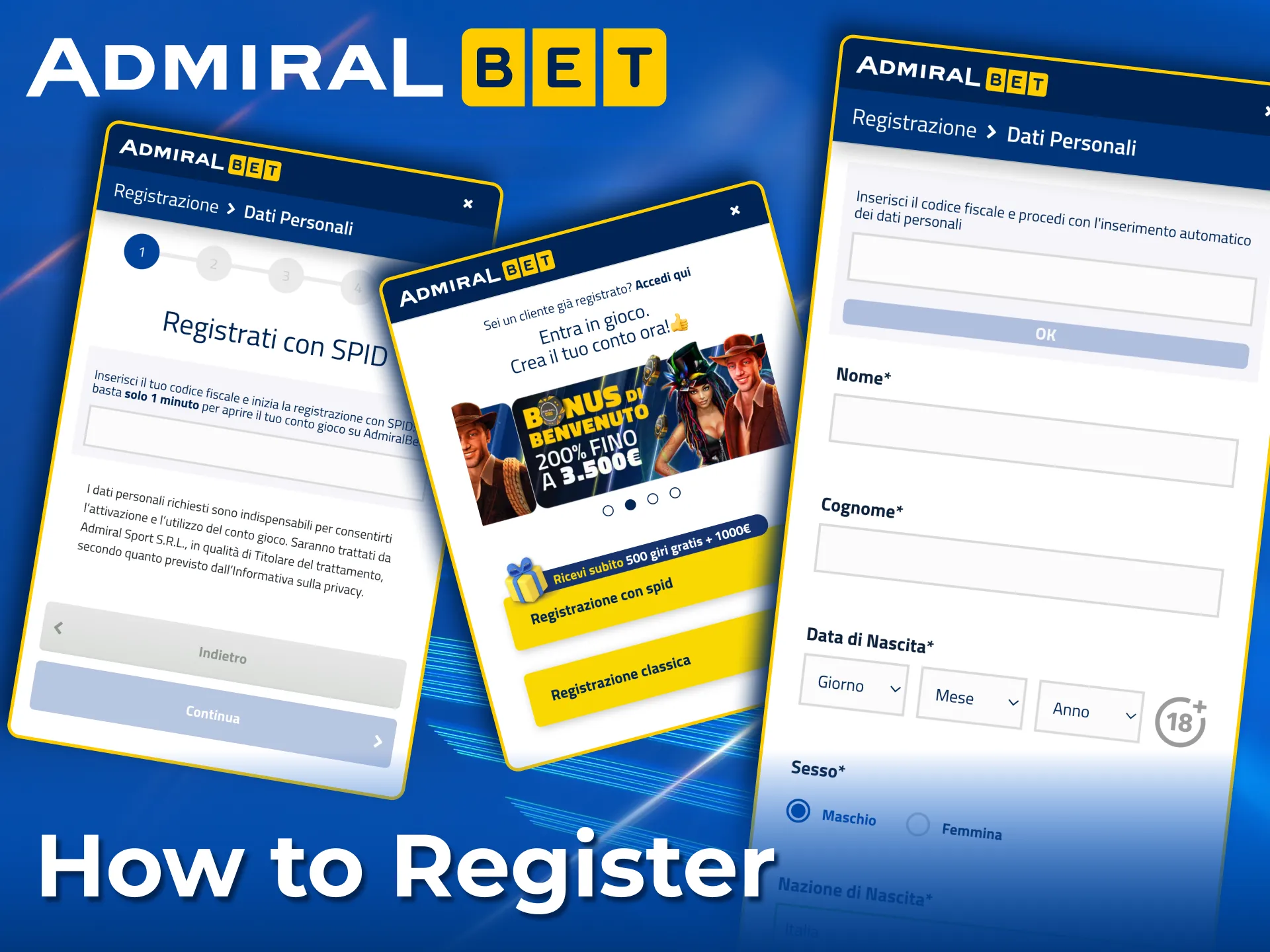Easy registration at AdmiralBet with a welcome bonus.