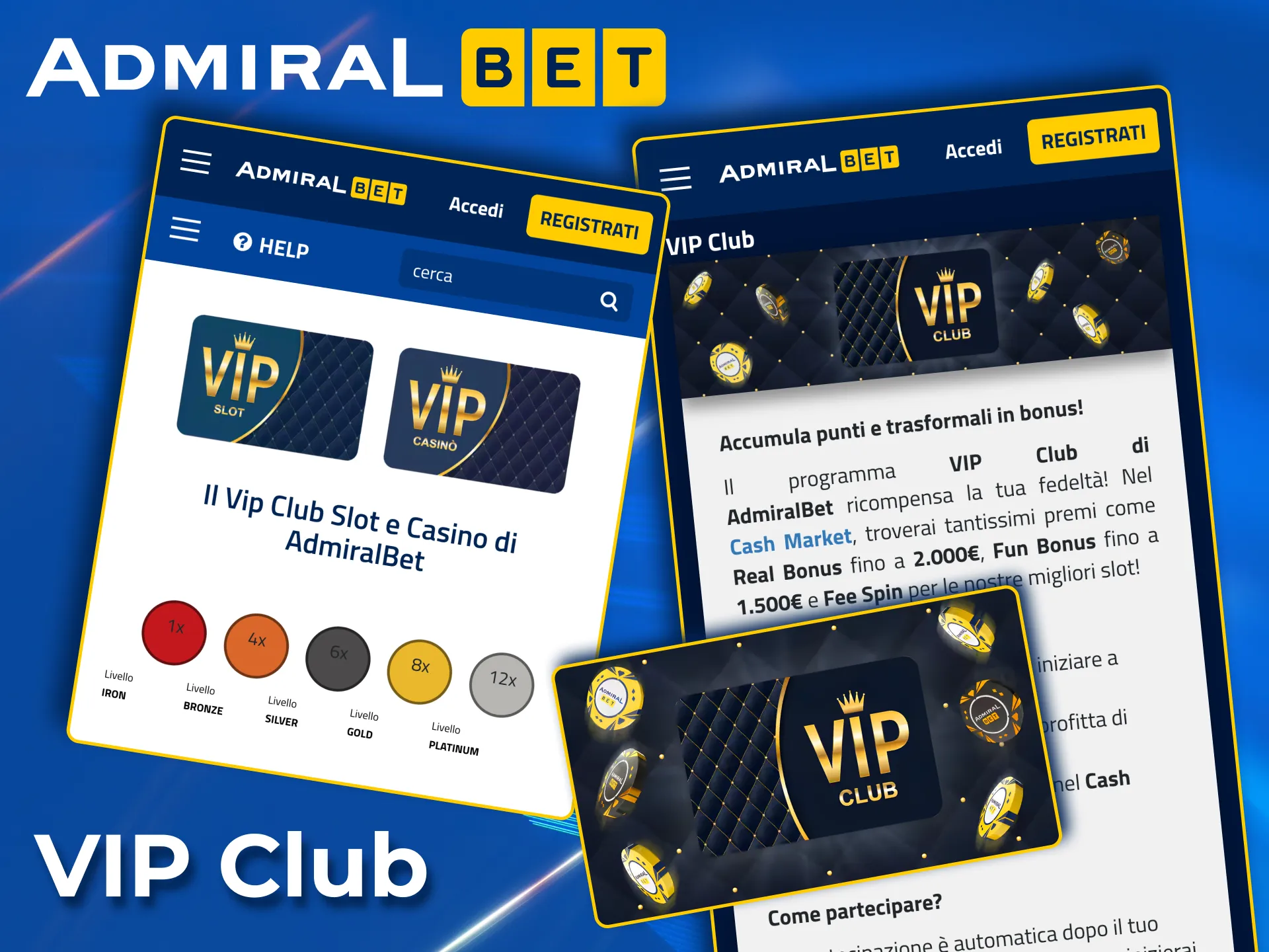 Programma VIP AdmiralBet con livelli e premi crescenti.