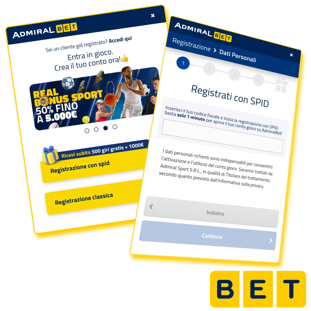 Quick registration on Admiralbet to access games and bonuses.