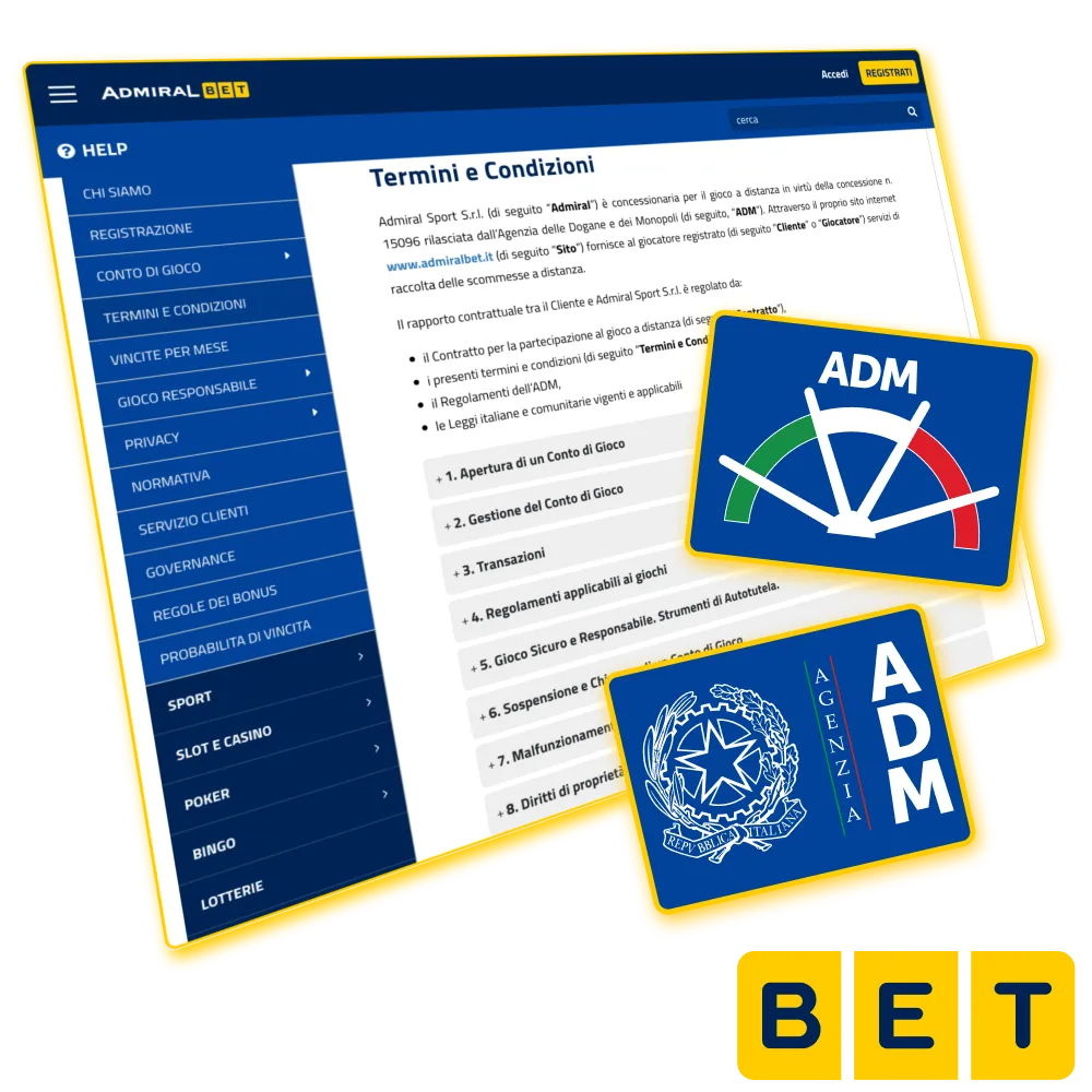 Termini e condizioni Admiralbet per gioco a distanza regolamentato.