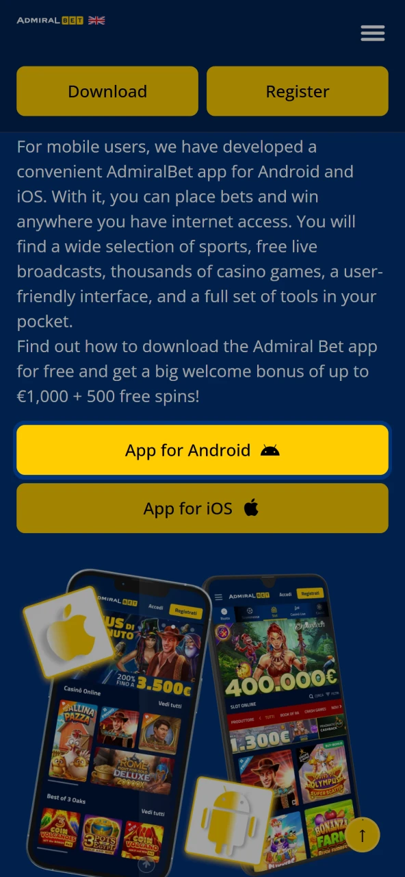 AdmiralBet is quick access to the app with direct link from the site.