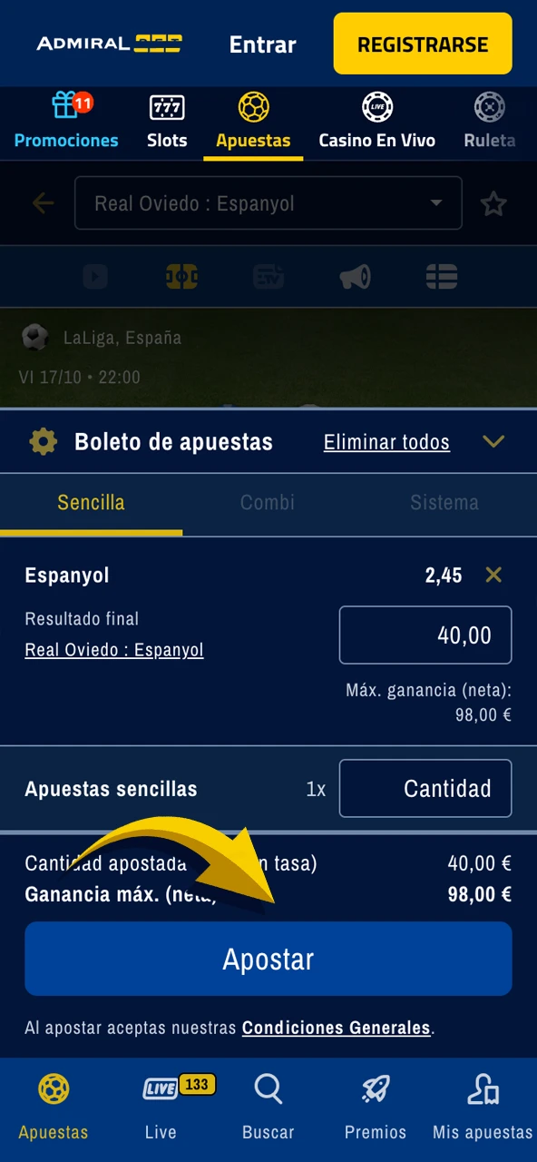 Introduce el importe y confirma tu apuesta en AdmiralBet.
