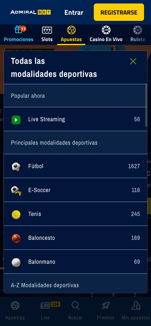 Explora los deportes disponibles en AdmiralBet.