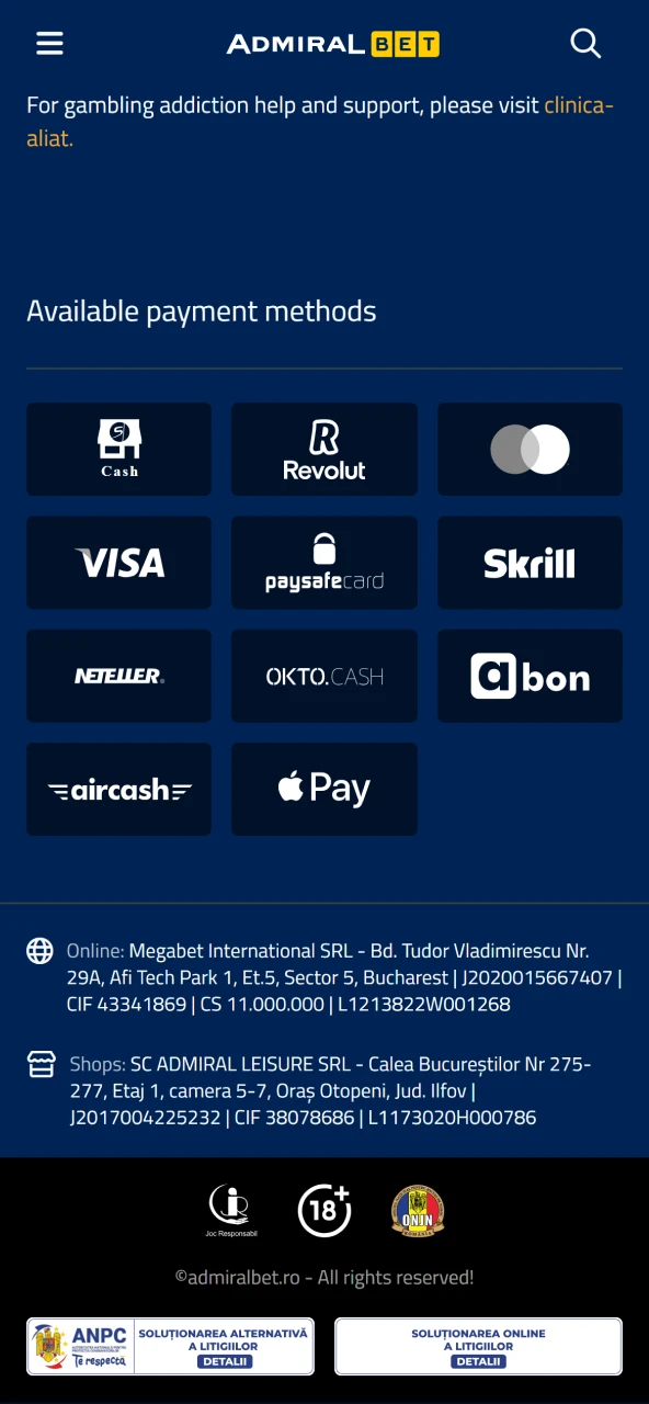 AdmiralBet deposit select method type amount confirm action.