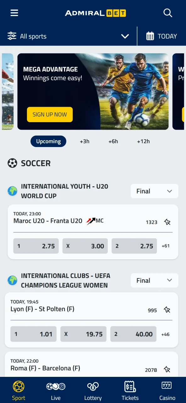Select event and market on AdmiralBet with one tap.