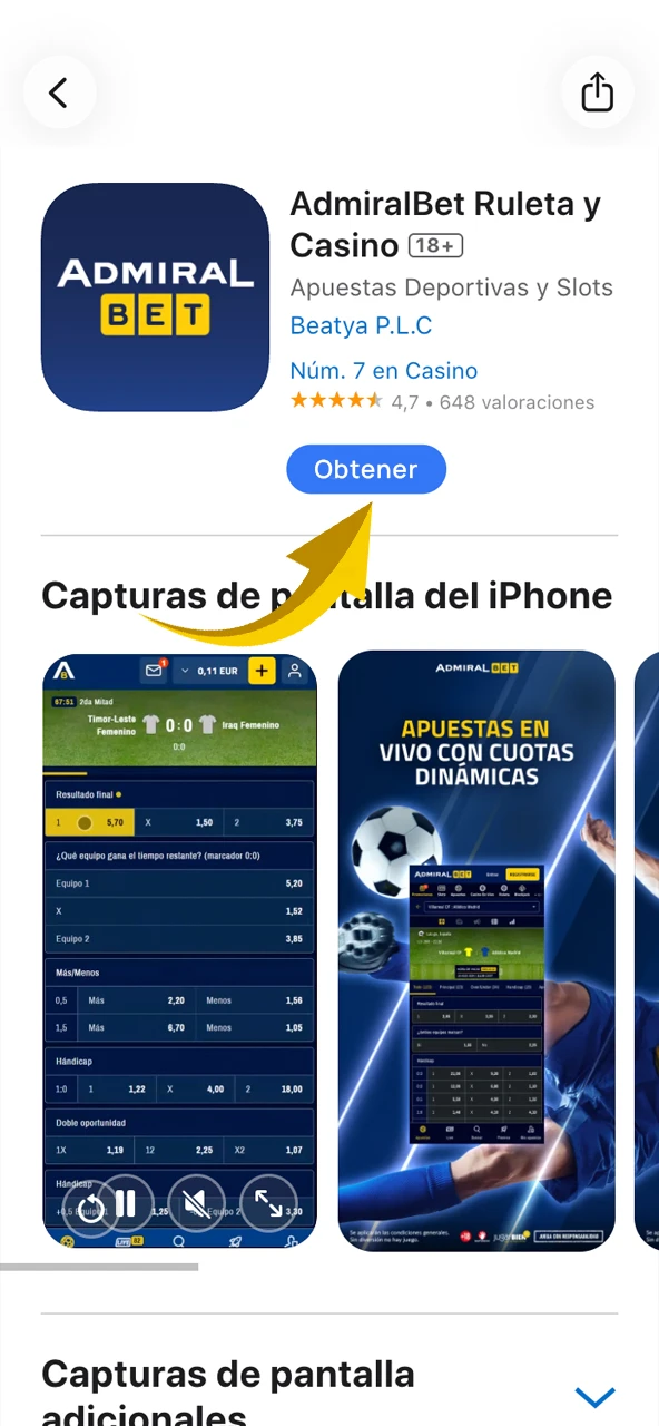 Instala AdmiralBet sin complicaciones desde App Store.