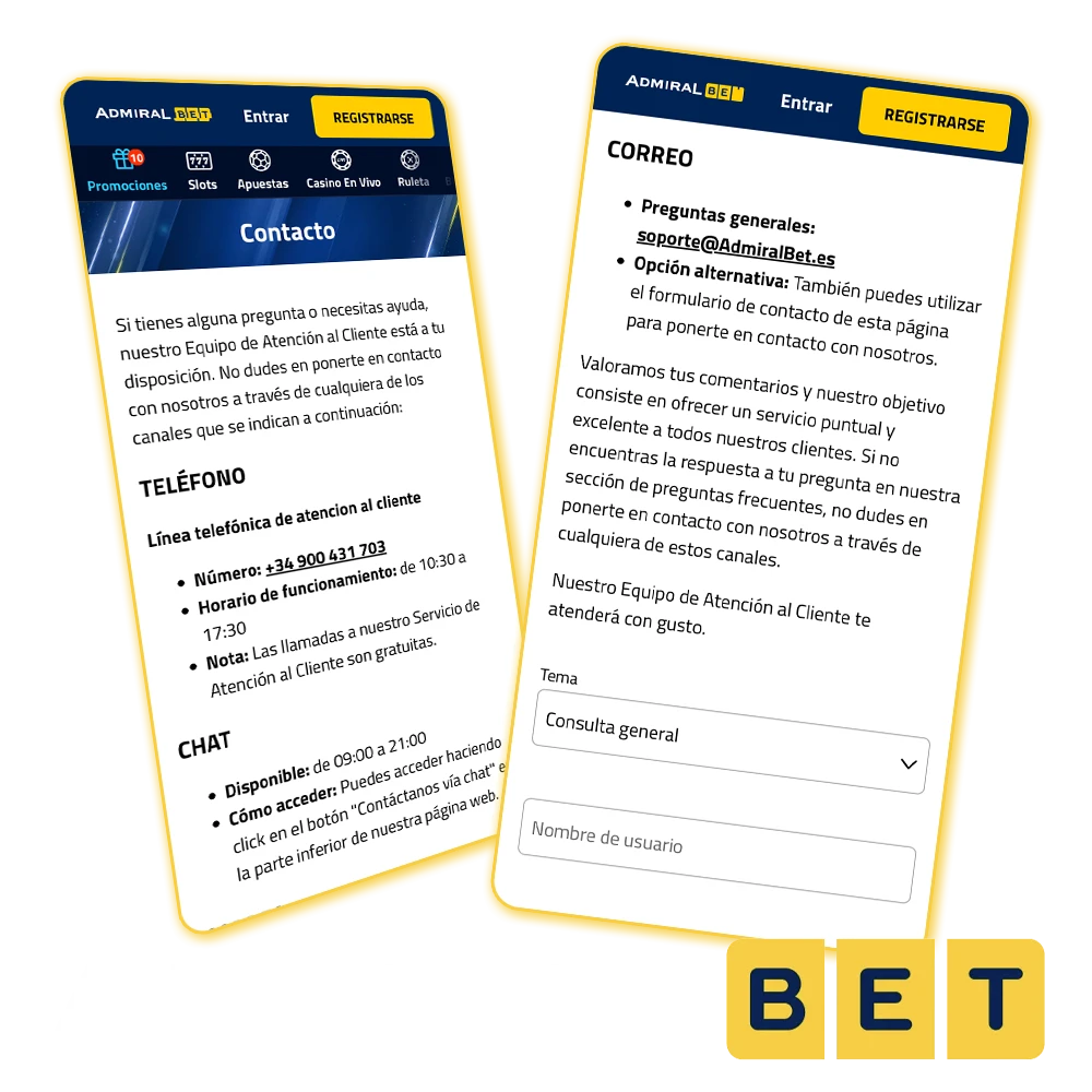 Escribe a AdmiralBet si tienes dudas.