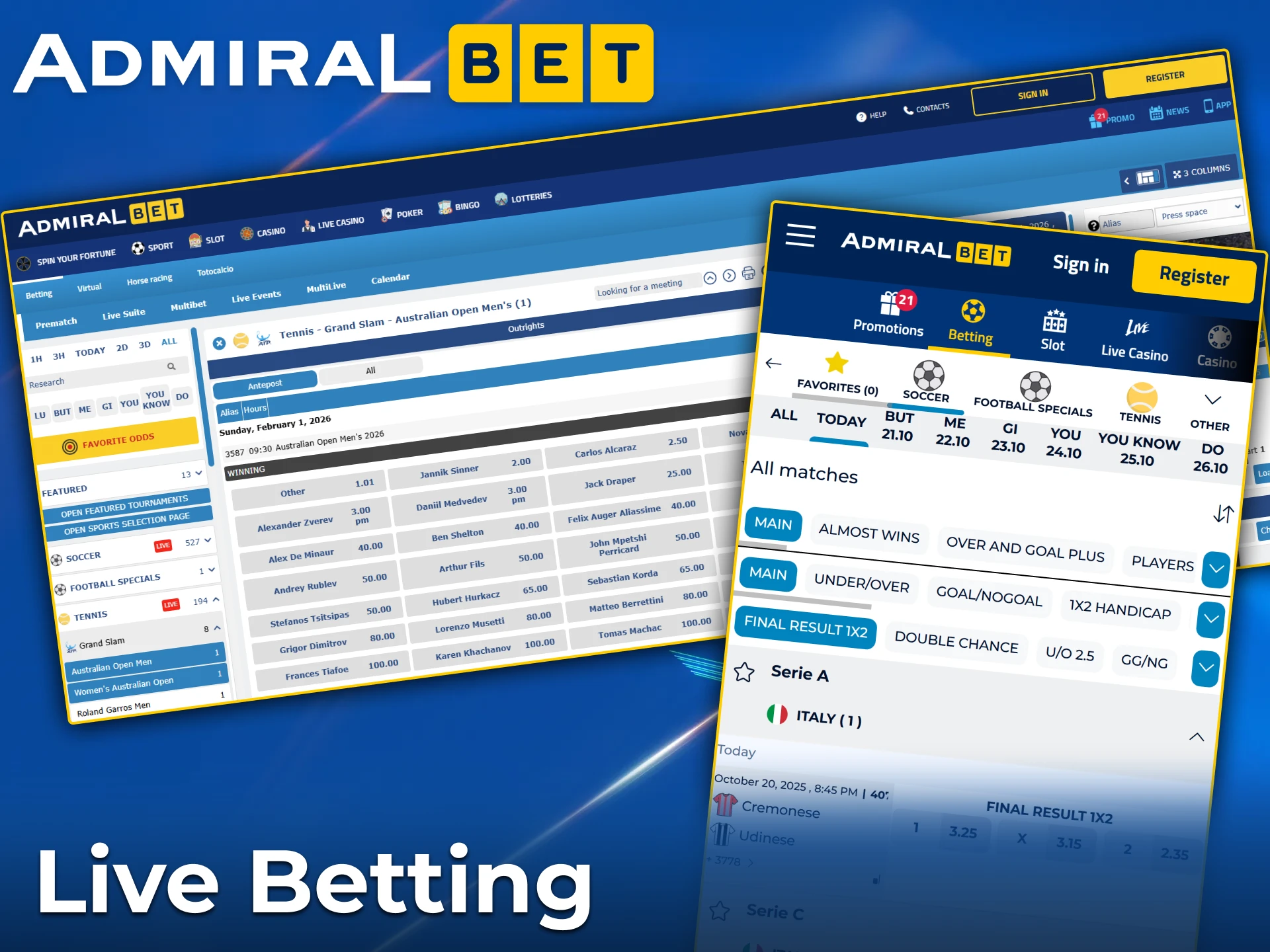 AdmiralBet live betting with real-time odds.