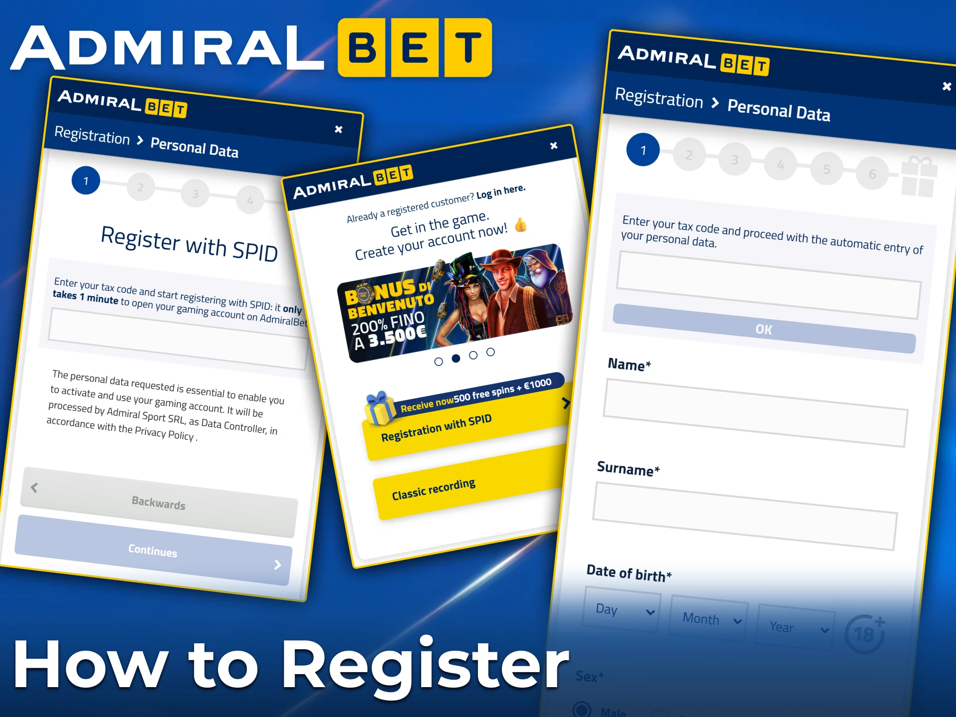 Easy registration at AdmiralBet with a welcome bonus.