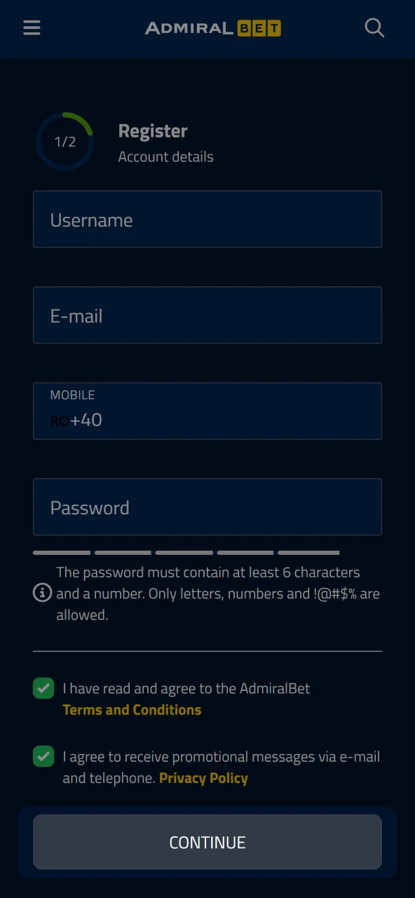 Check the details, confirm by email and play at AdmiralBet.