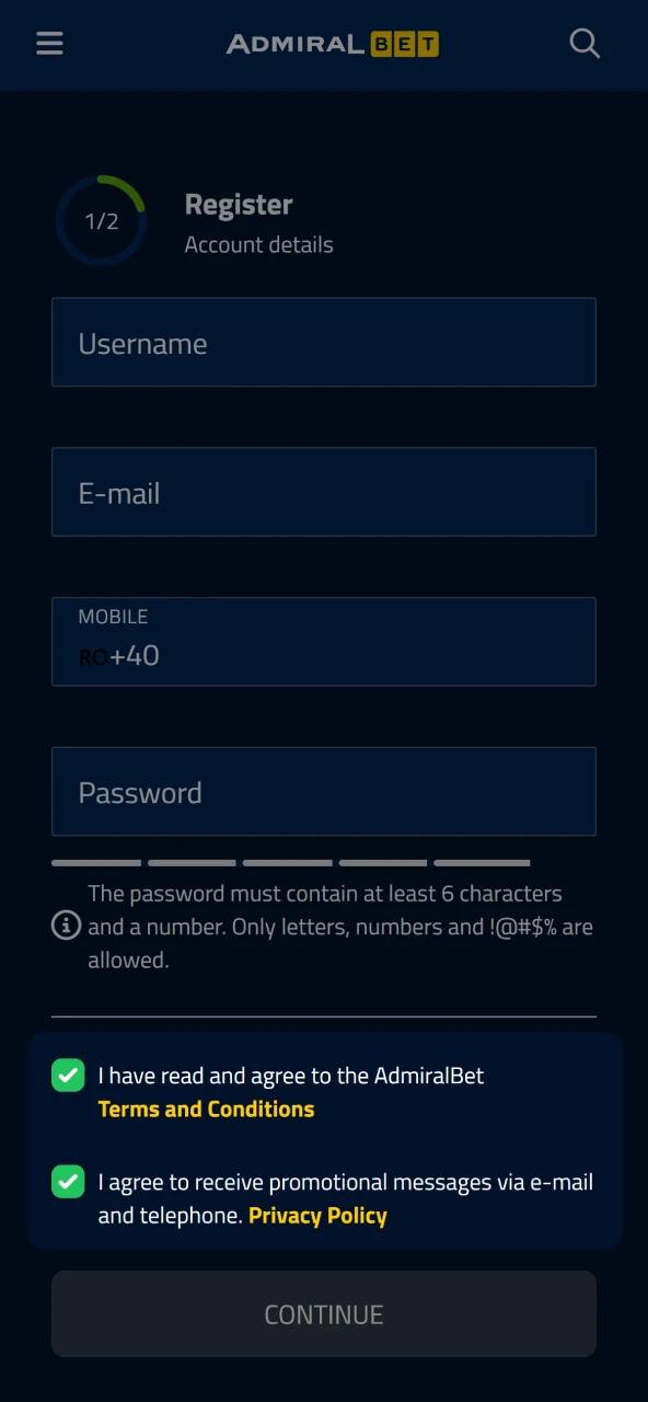 Confirm 18 years of age and securely create your AdmiralBet account.