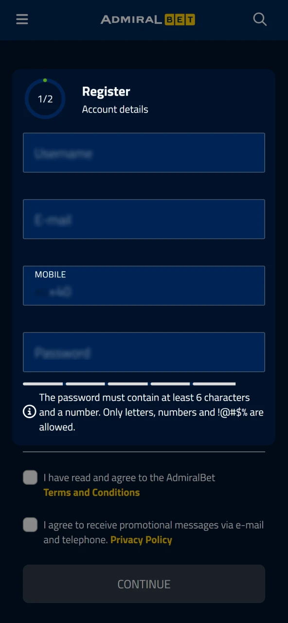 Enter your details on AdmiralBet and create the game account.