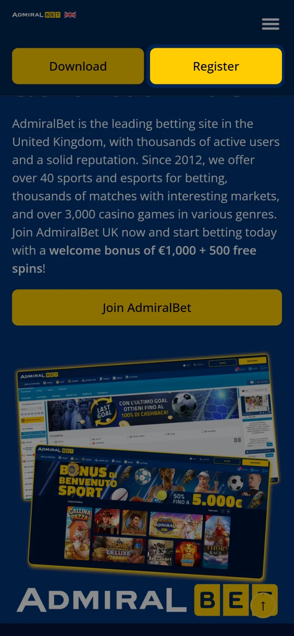 Open the AdmiralBet site and create your gaming account now.