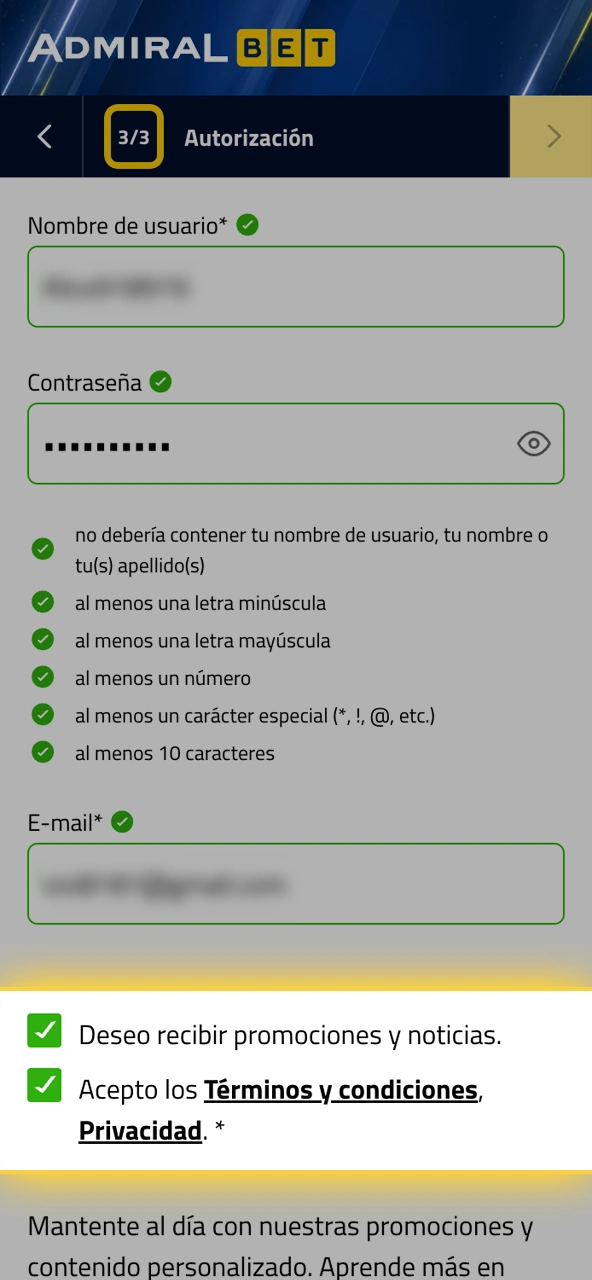 Marca la casilla de términos para continuar con AdmiralBet.