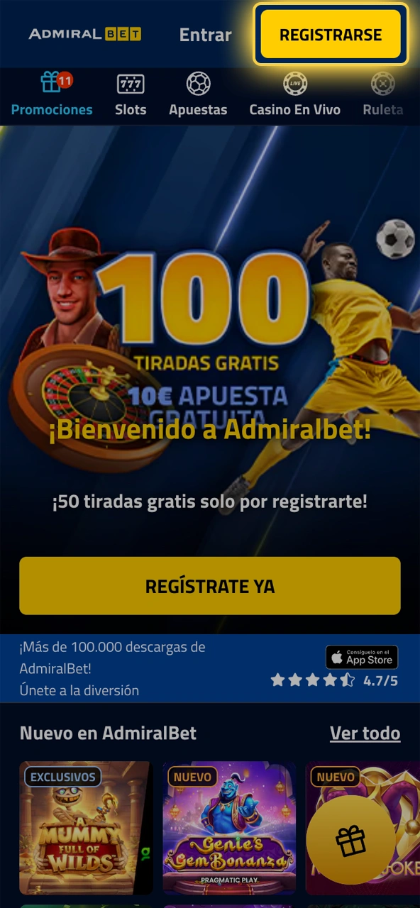 Inicia la app de AdmiralBet y empieza el registro móvil.