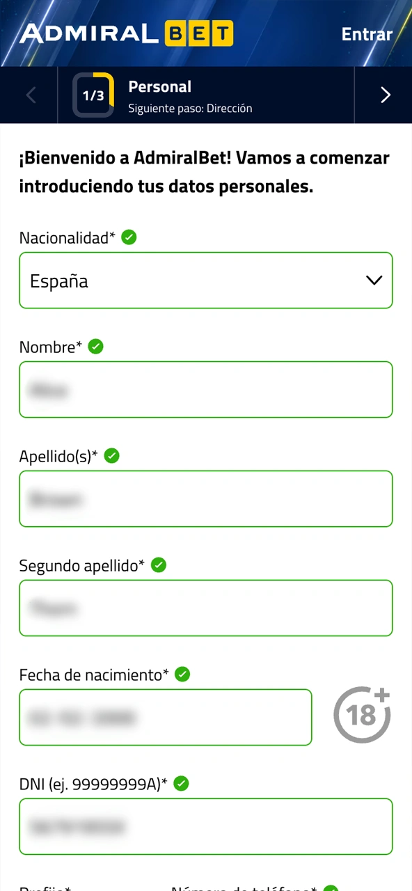 Introduce tu información personal para registrarte en AdmiralBet.