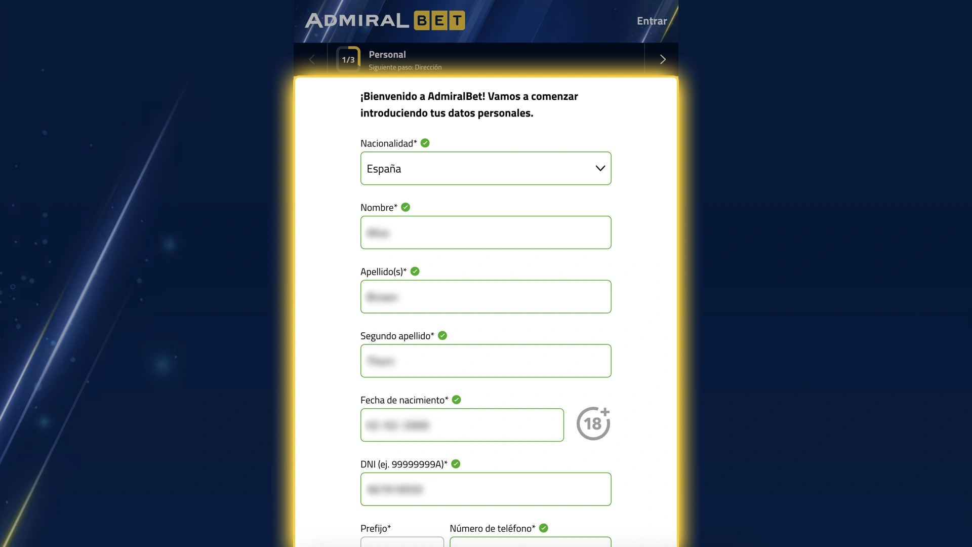 Rellena tus datos personales para crear tu cuenta en AdmiralBet.