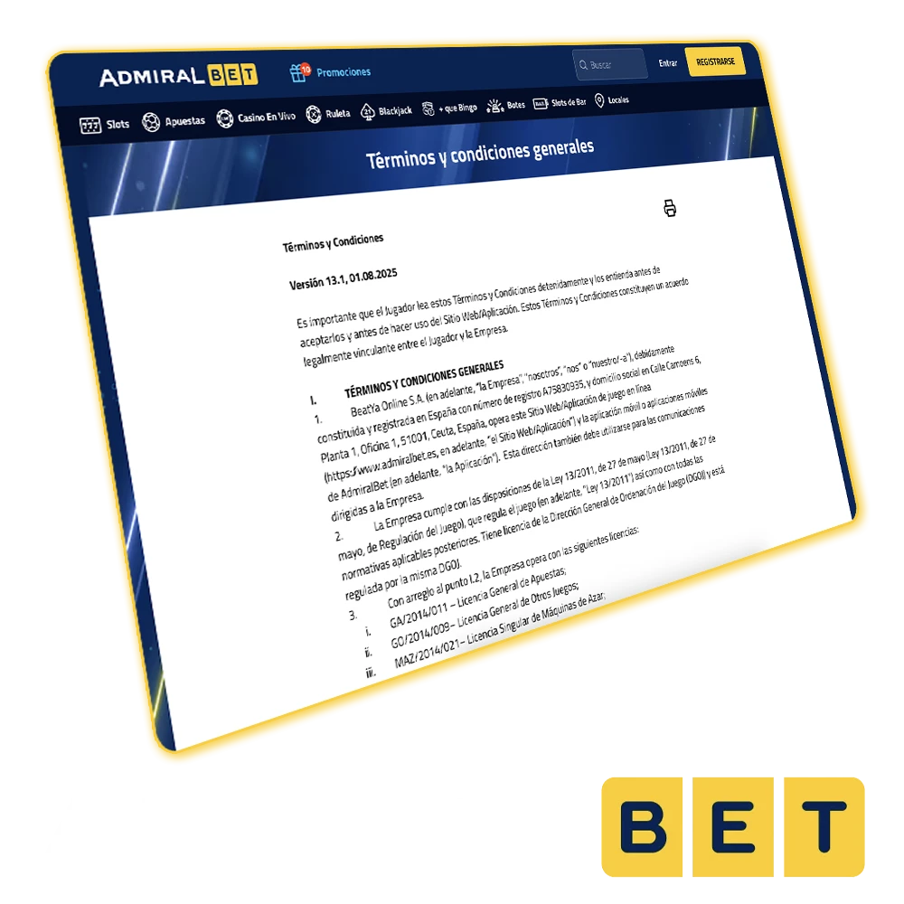 Lee los términos de uso de AdmiralBet.