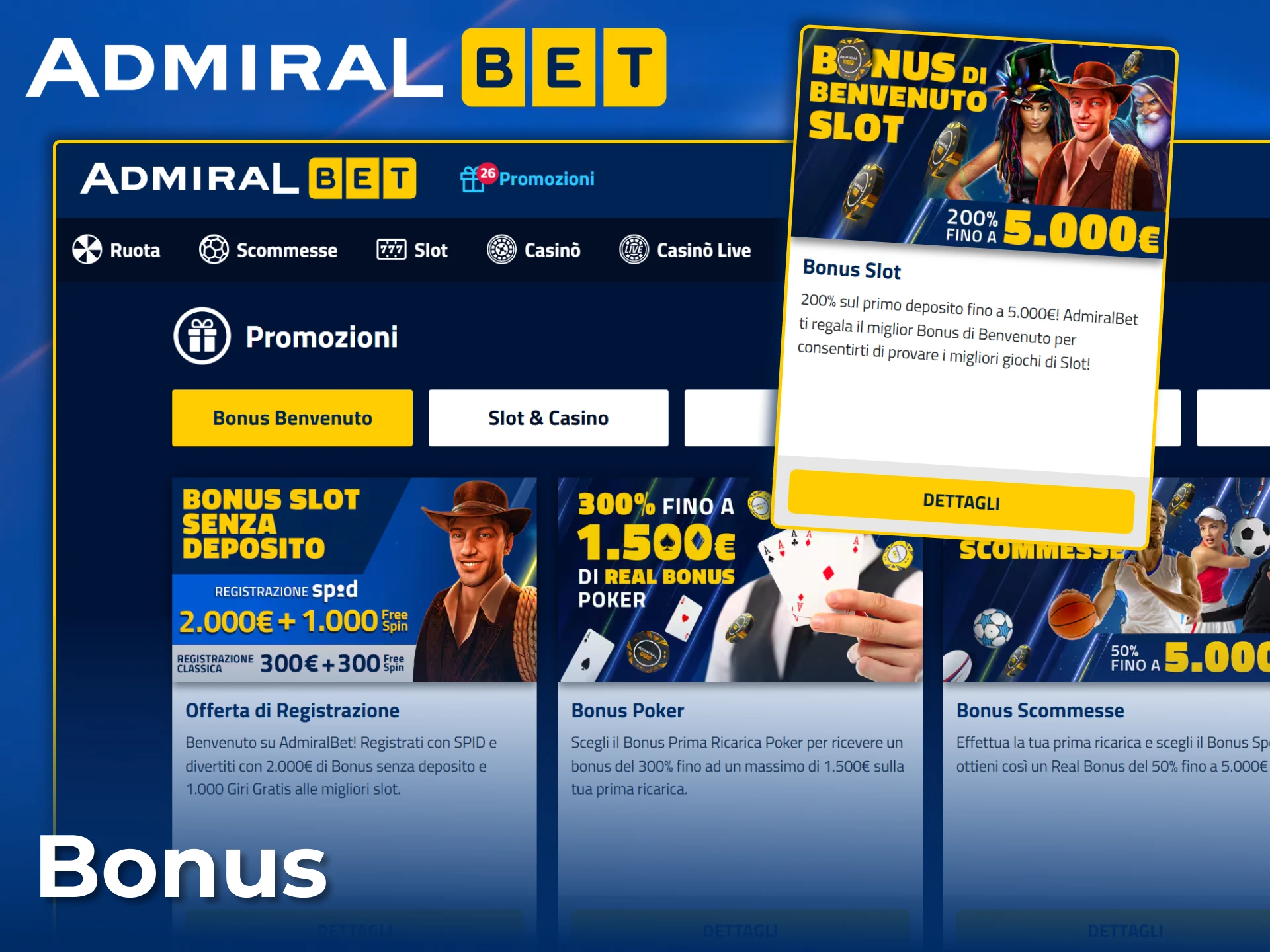 Richiedi generosi bonus di benvenuto e promozioni per Aviator e i giochi da casinò su AdmiralBet.