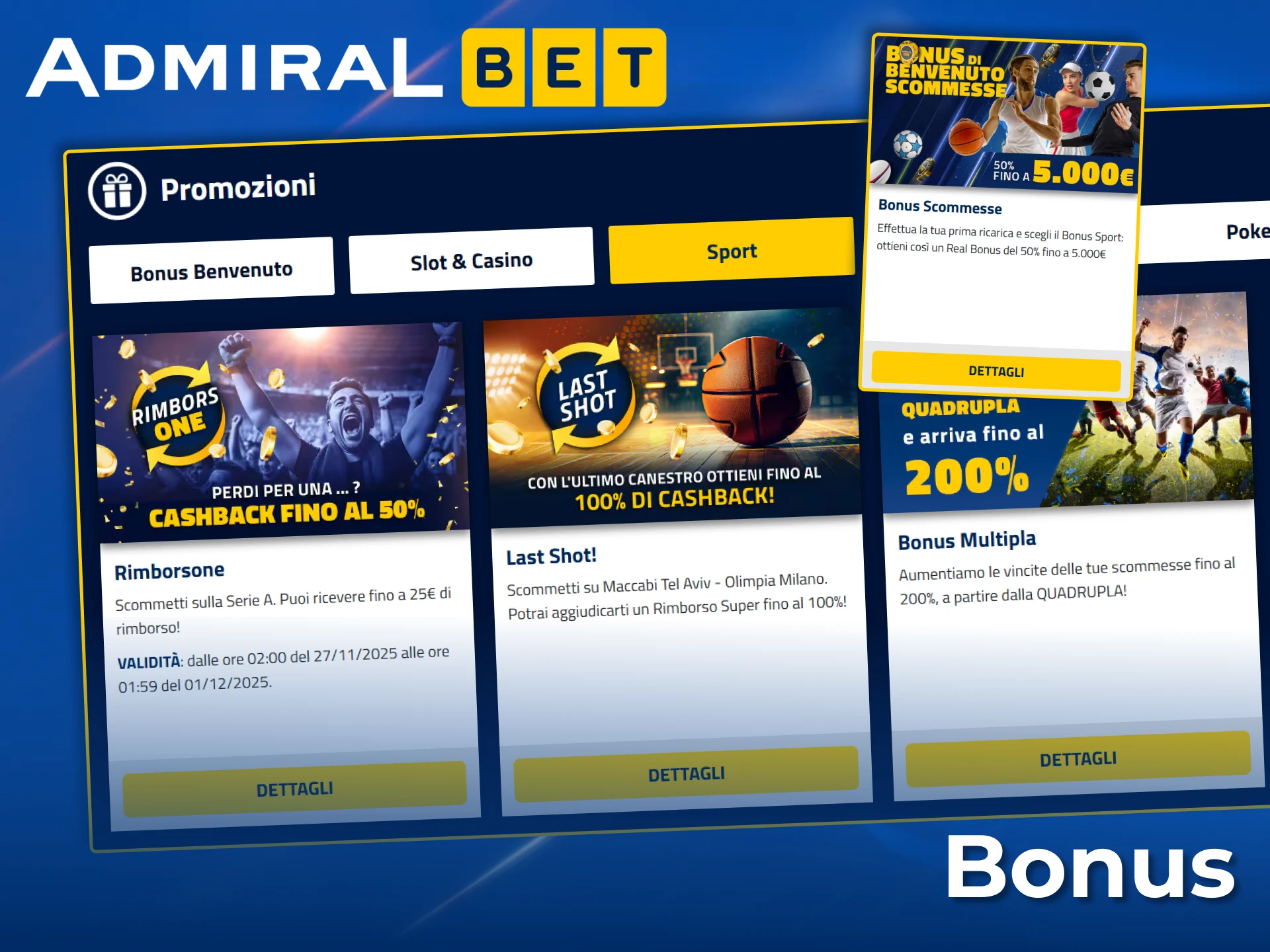 Richiedi generosi bonus di benvenuto e offerte di cashback per le scommesse sportive su AdmiralBet.