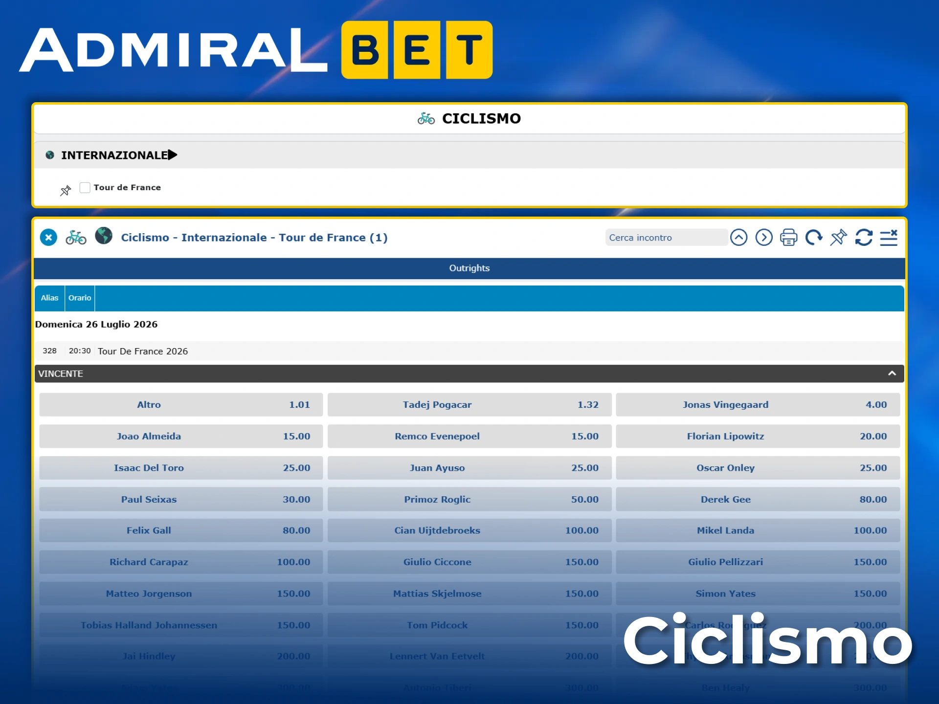 Visita AdmiralBet e scommetti su tutti i principali eventi ciclismo.