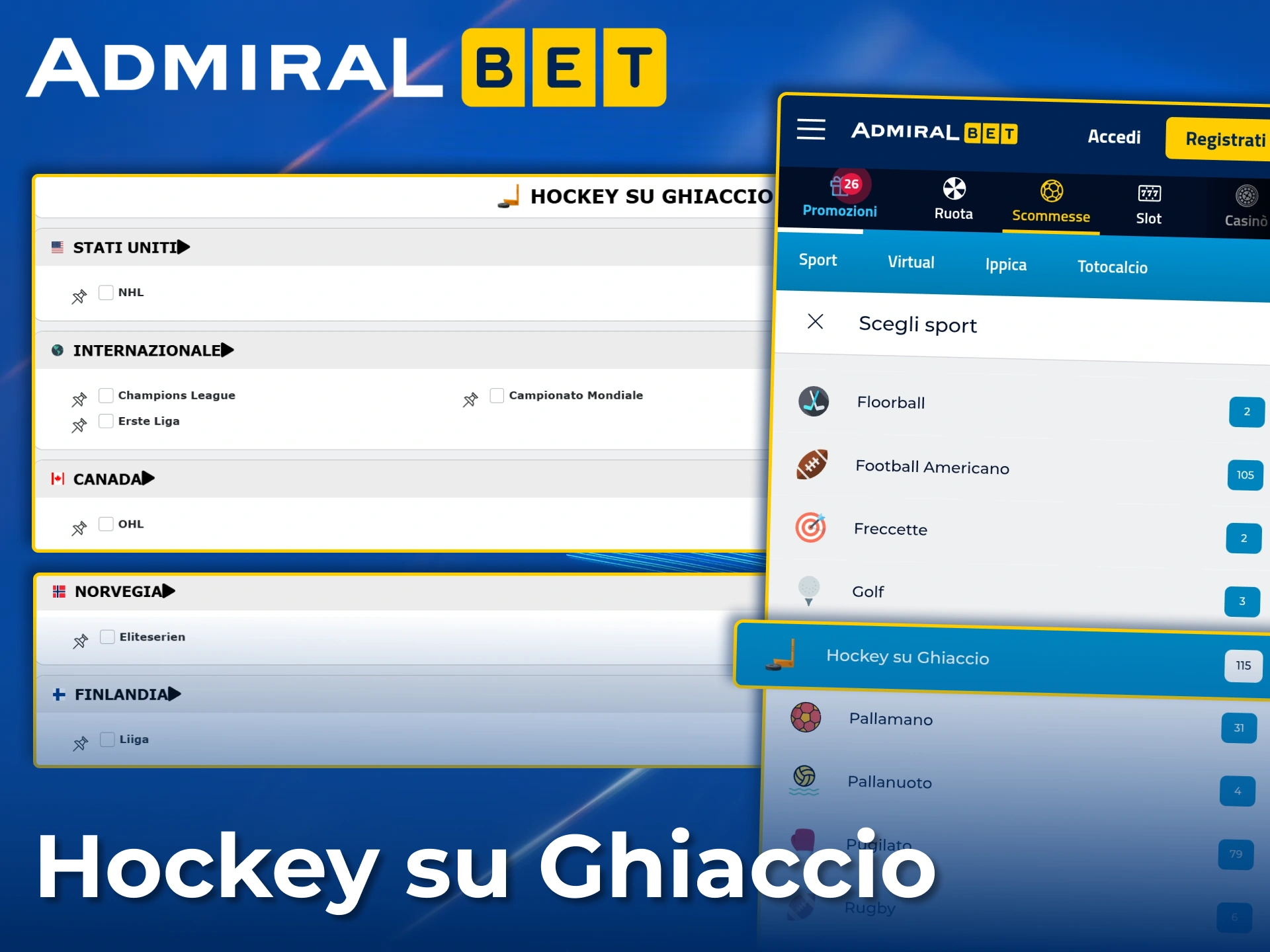 Piazza le tue scommesse sui campionati di hockey su AdmiralBet.