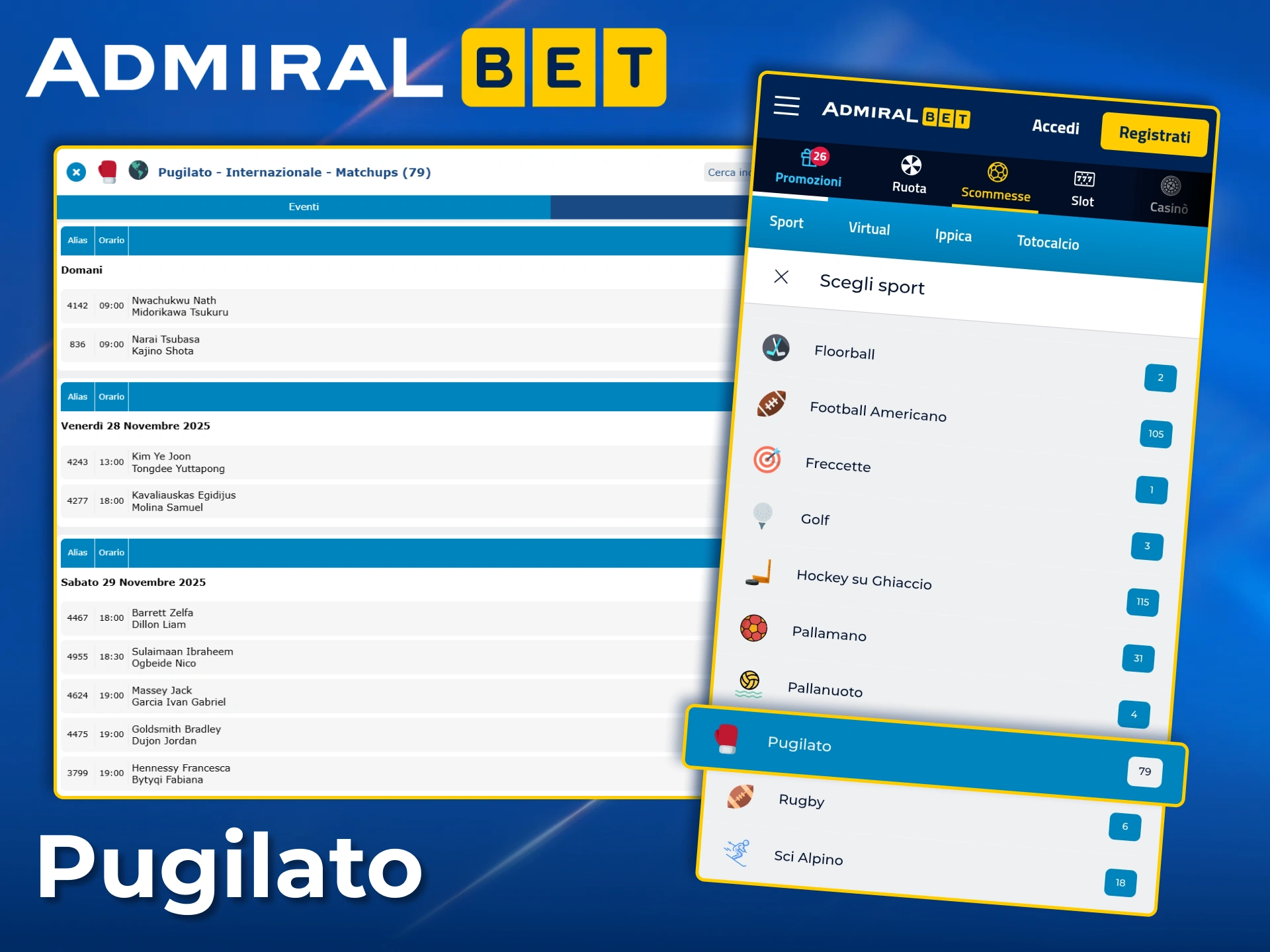Piazza le tue scommesse su tutti i principali incontri e tornei di pugilato su AdmiralBet.