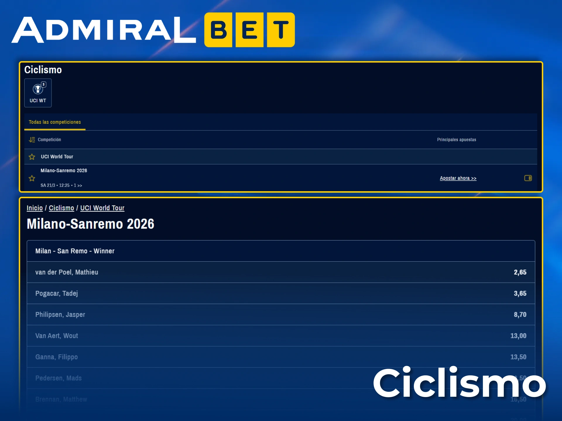 Visita AdmiralBet y apuesta en los principales eventos de ciclismo.