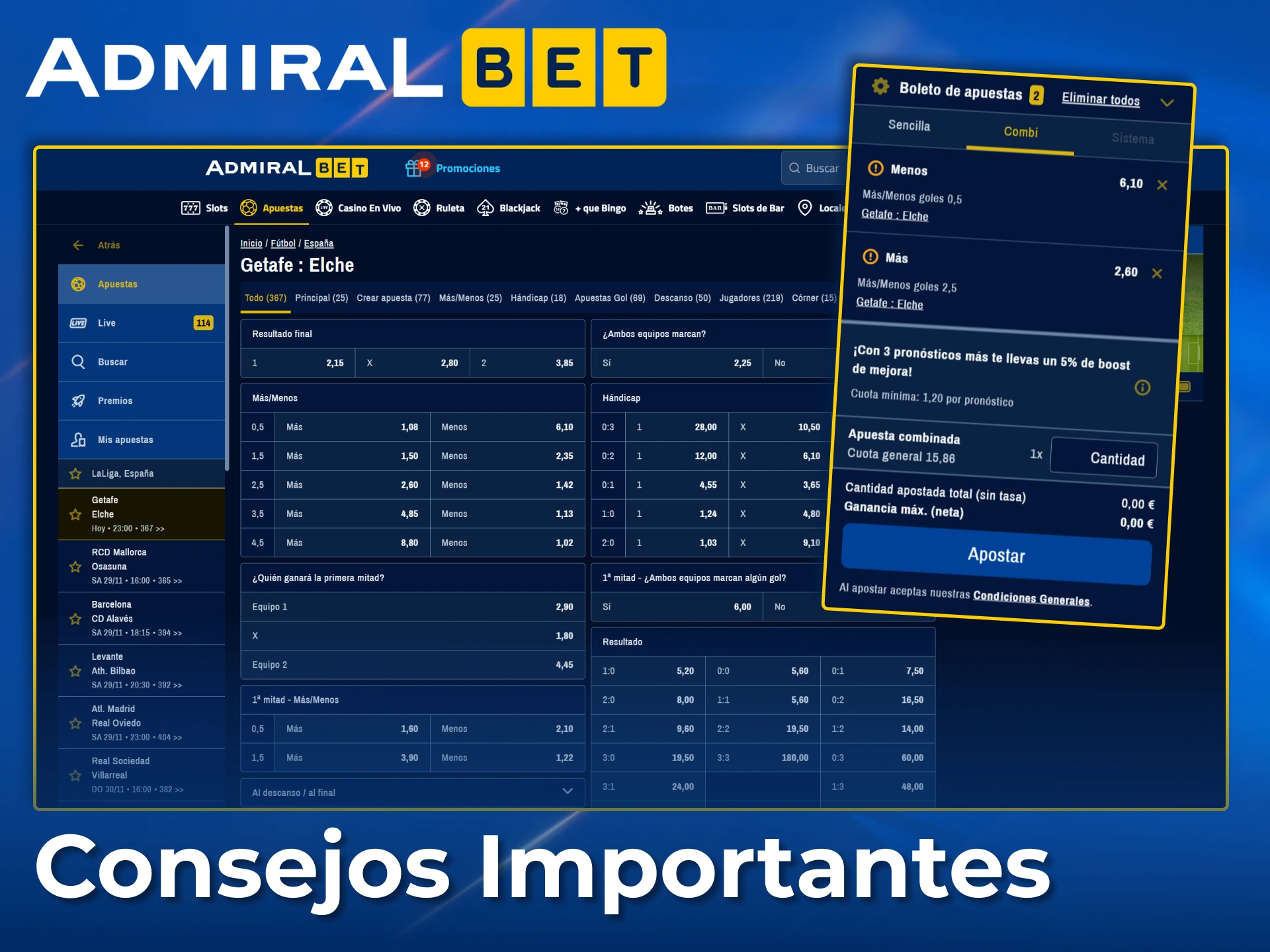 Usa estadísticas en tiempo real y opciones de boleto de apuestas para apostar con inteligencia en AdmiralBet.