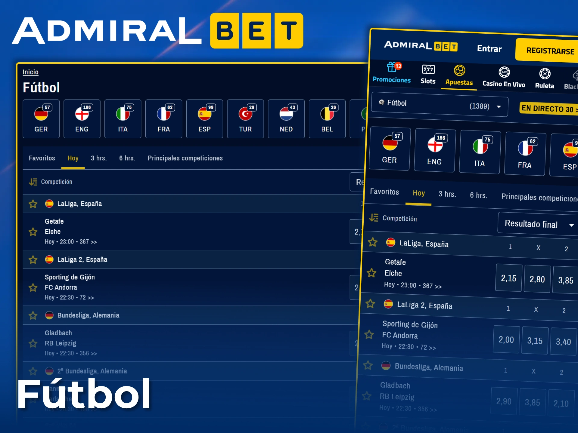 Apuesta en las principales ligas y torneos de fútbol con AdmiralBet.