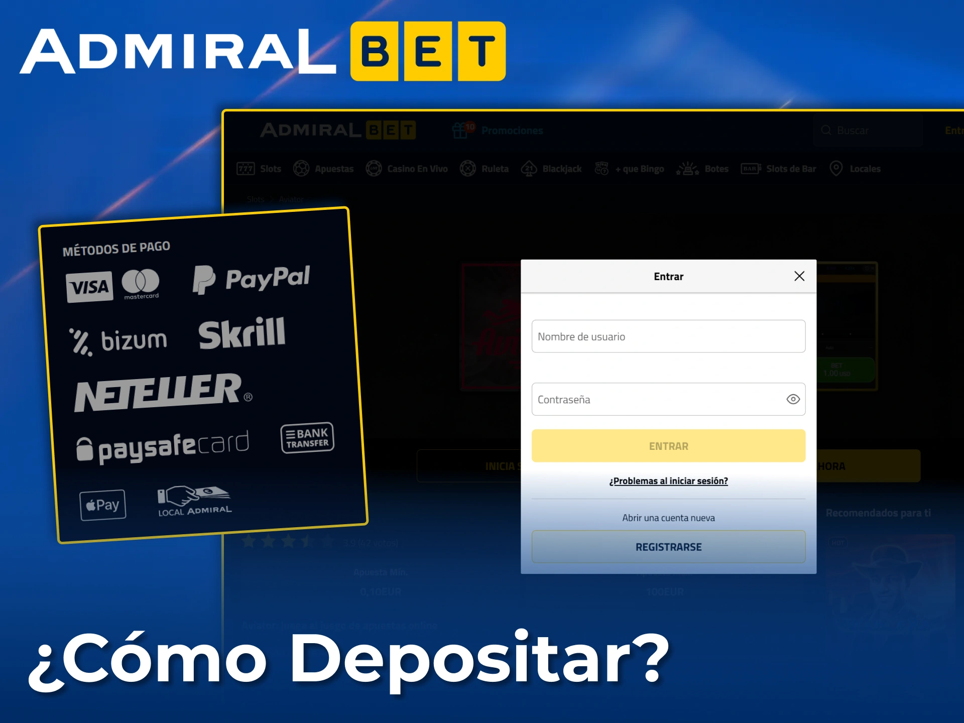 Inicia sesión y elige entre métodos de pago seguros para depositar fácilmente en AdmiralBet.