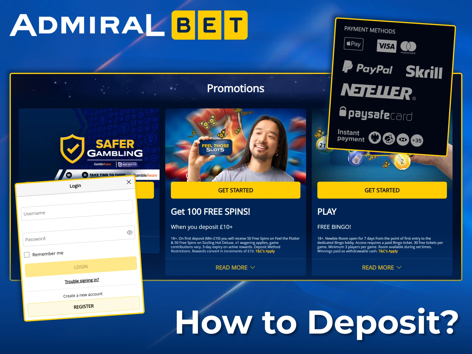 Deposit securely with numerous payment options and claim your slot bonus at AdmiralBet.