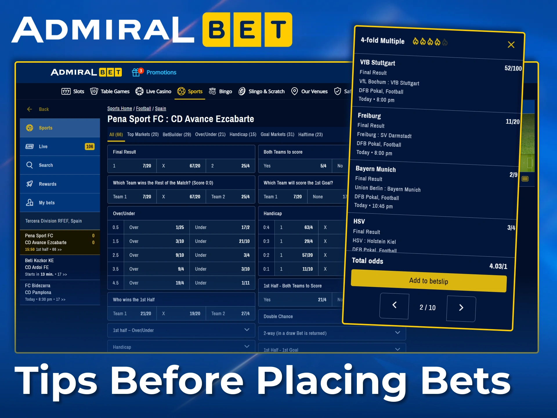 Use real-time statistics and bet slip options to bet smart at AdmiralBet.
