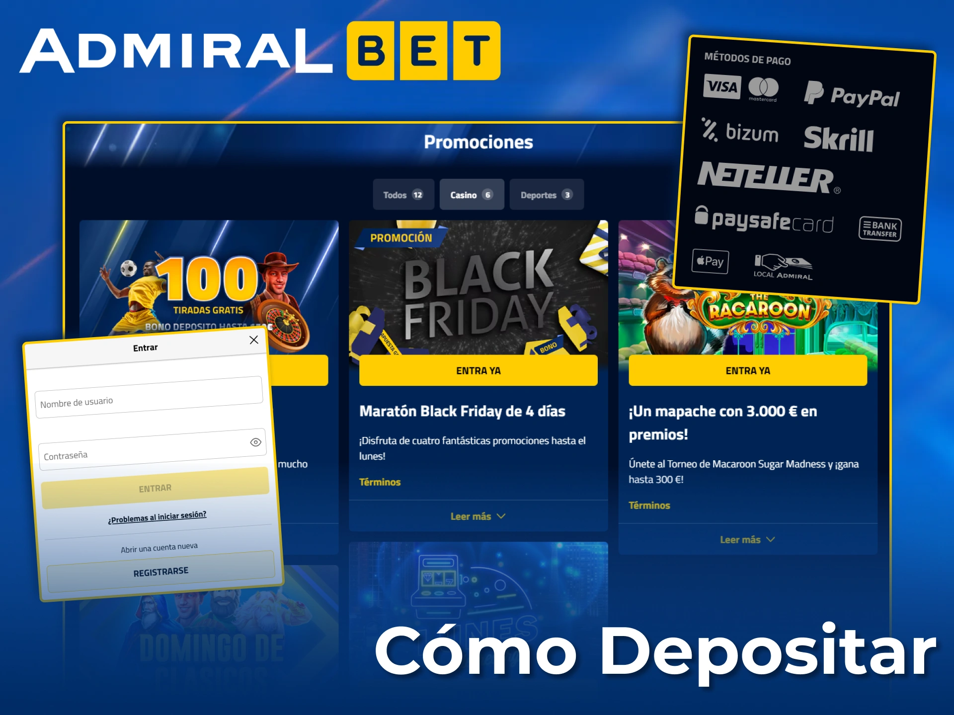 Deposita de forma segura con numerosas opciones de pago y reclama tu bono de tragamonedas en AdmiralBet.