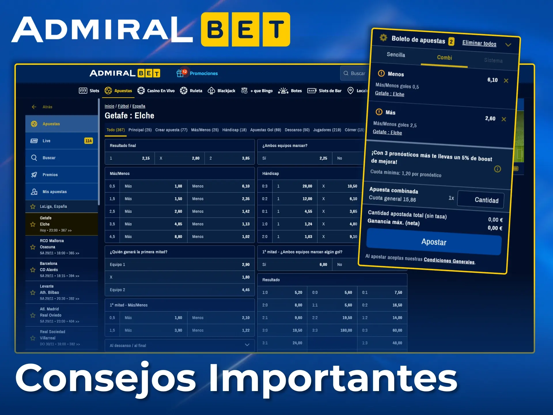 Usa estadísticas en tiempo real y opciones de boleto de apuestas para apostar con inteligencia en AdmiralBet.