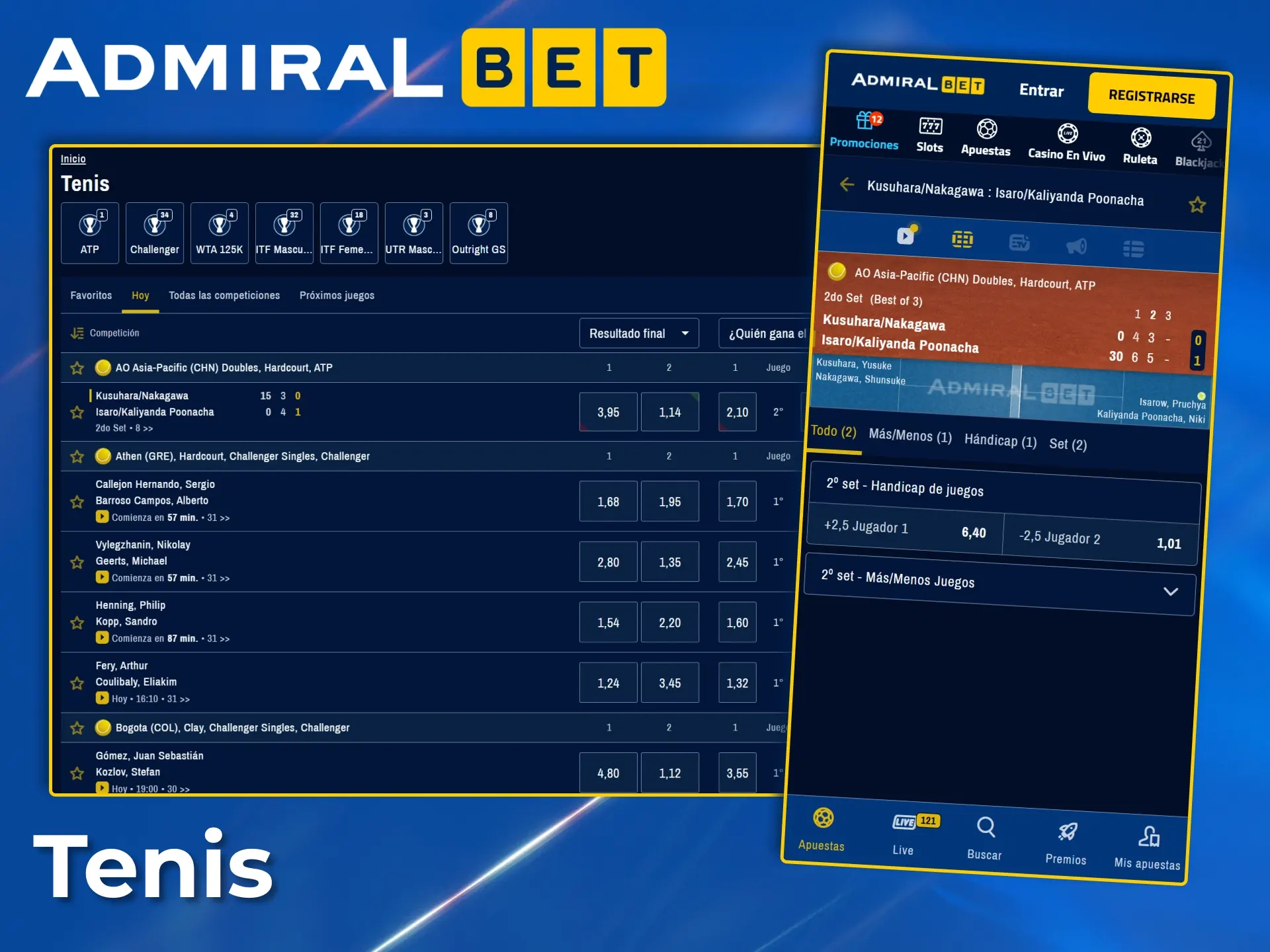Encuentra las mejores cuotas para apuestas de tenis en vivo y antes del partido con AdmiralBet.
