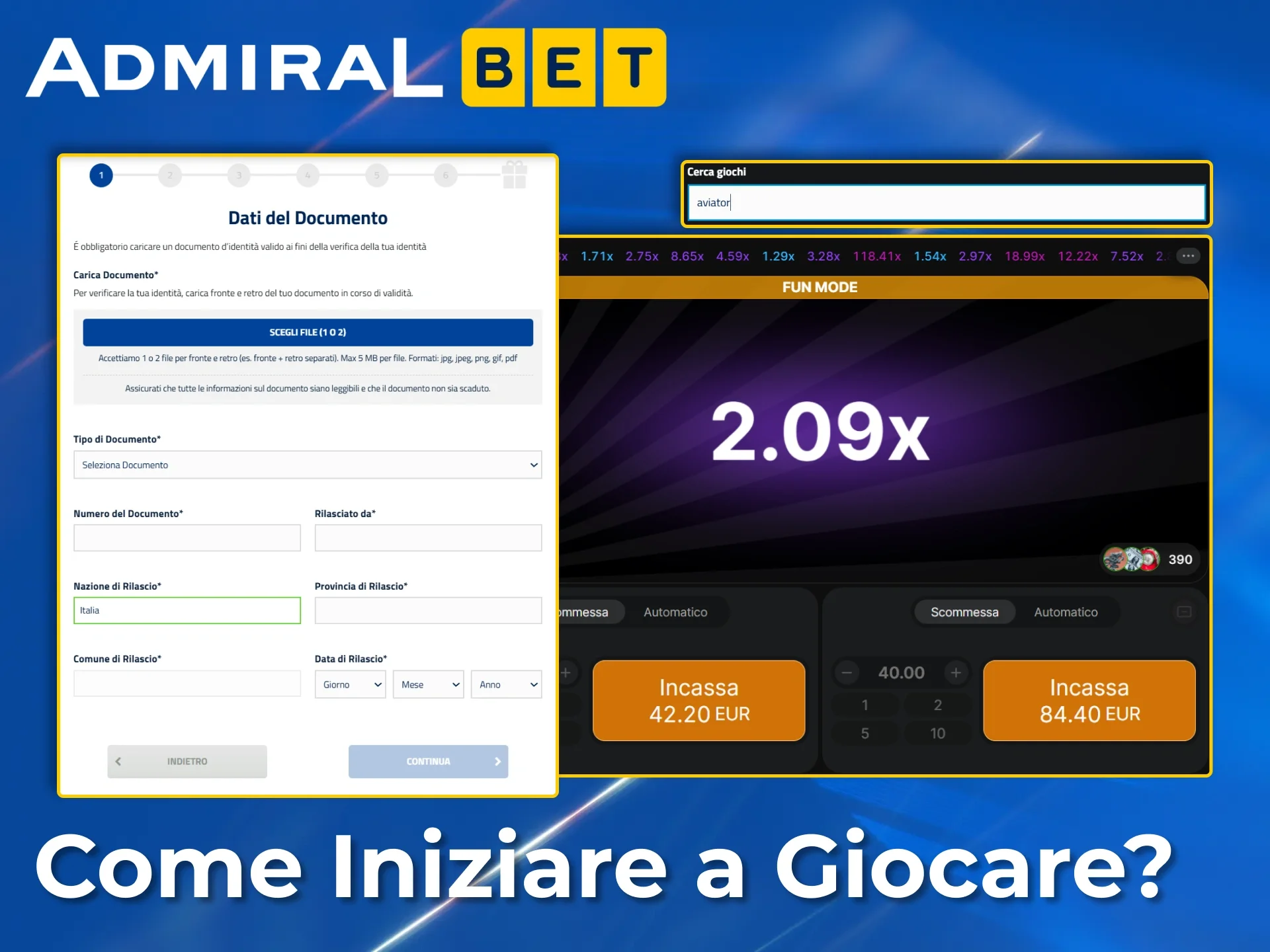 Registrati facilmente e gioca all'entusiasmante gioco Aviator su AdmiralBet.