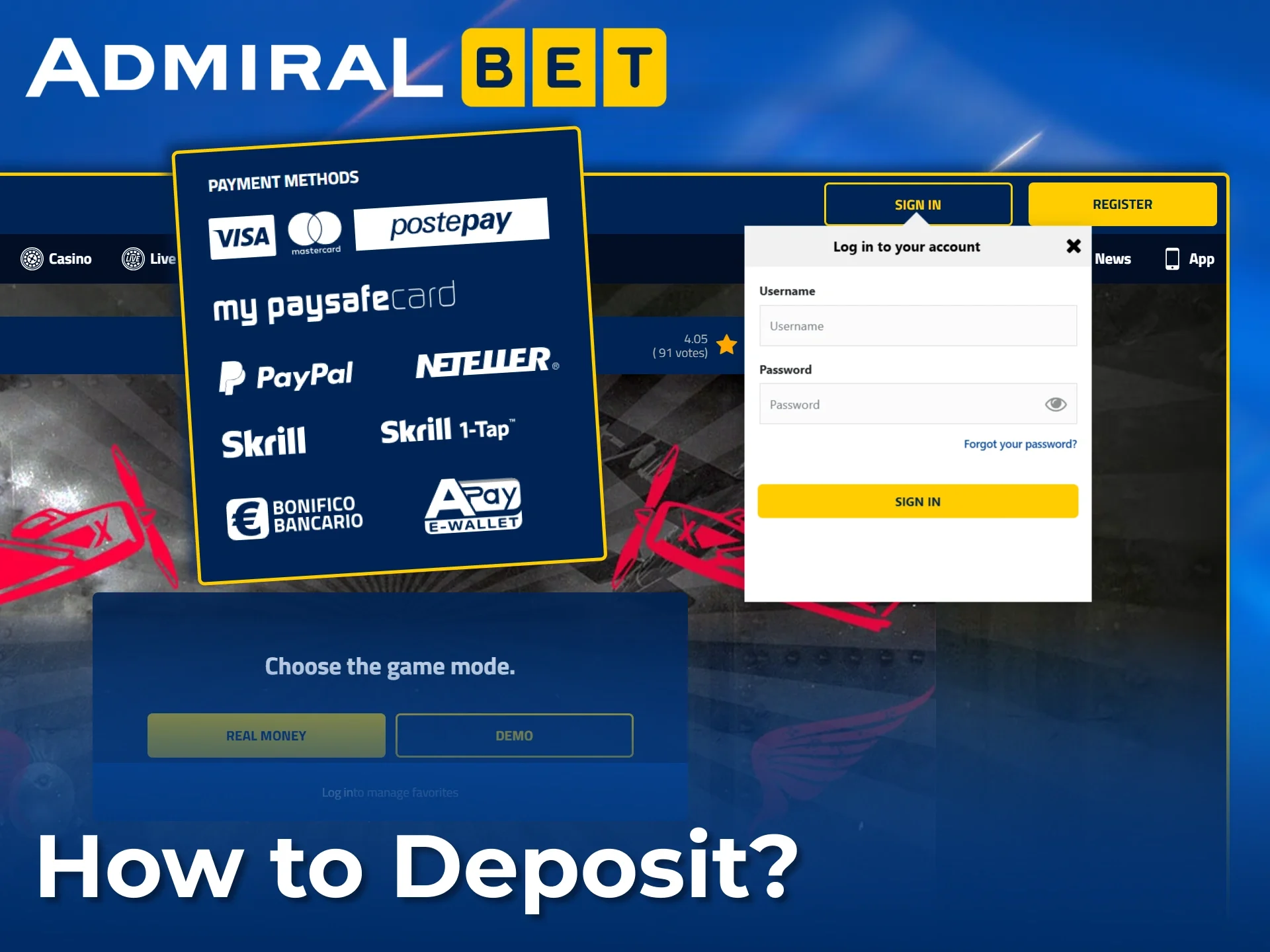 Log in and choose from secure payment methods to easily deposit at AdmiralBet.