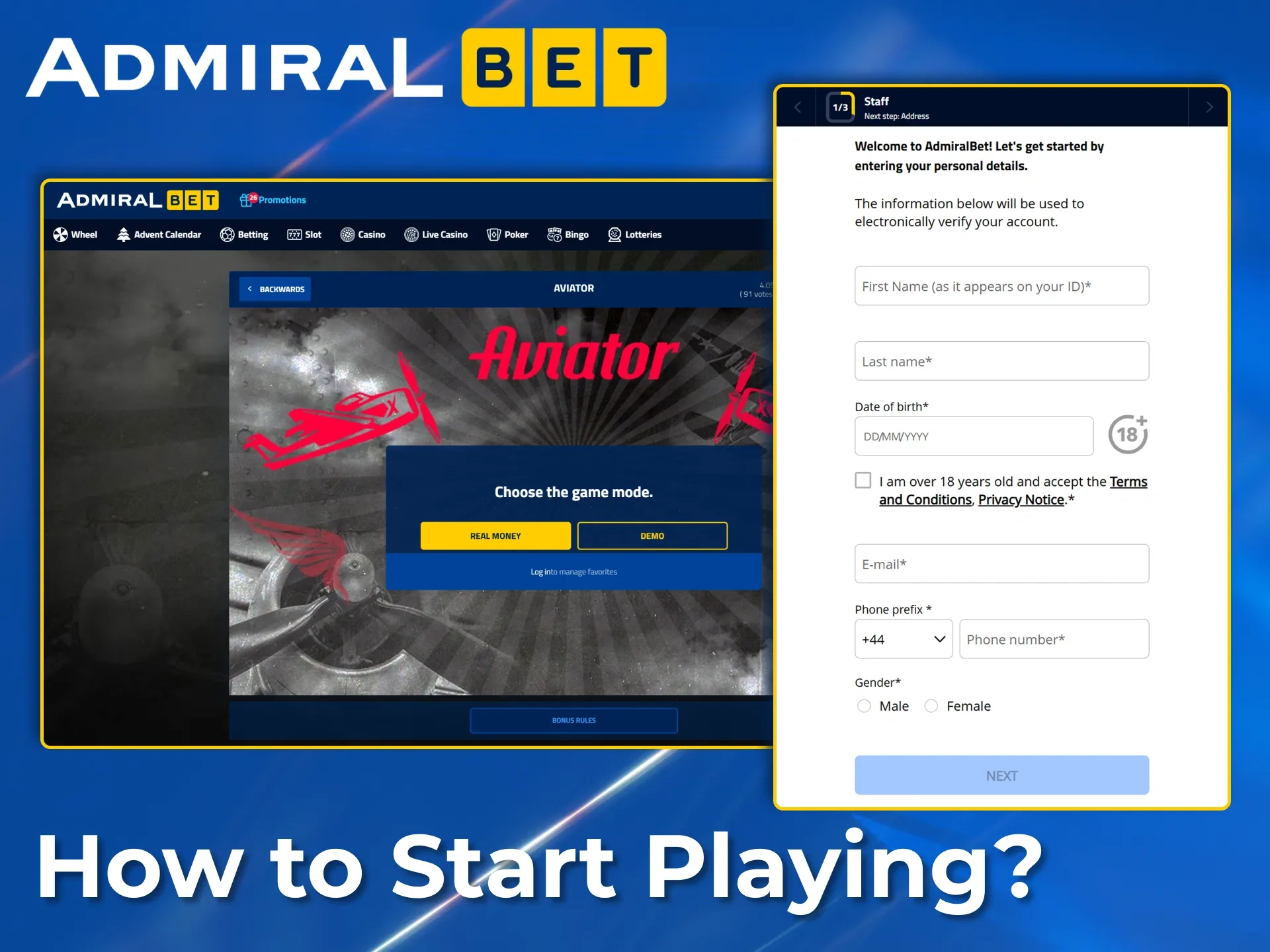 Easily register and play the exciting Aviator game at AdmiralBet.