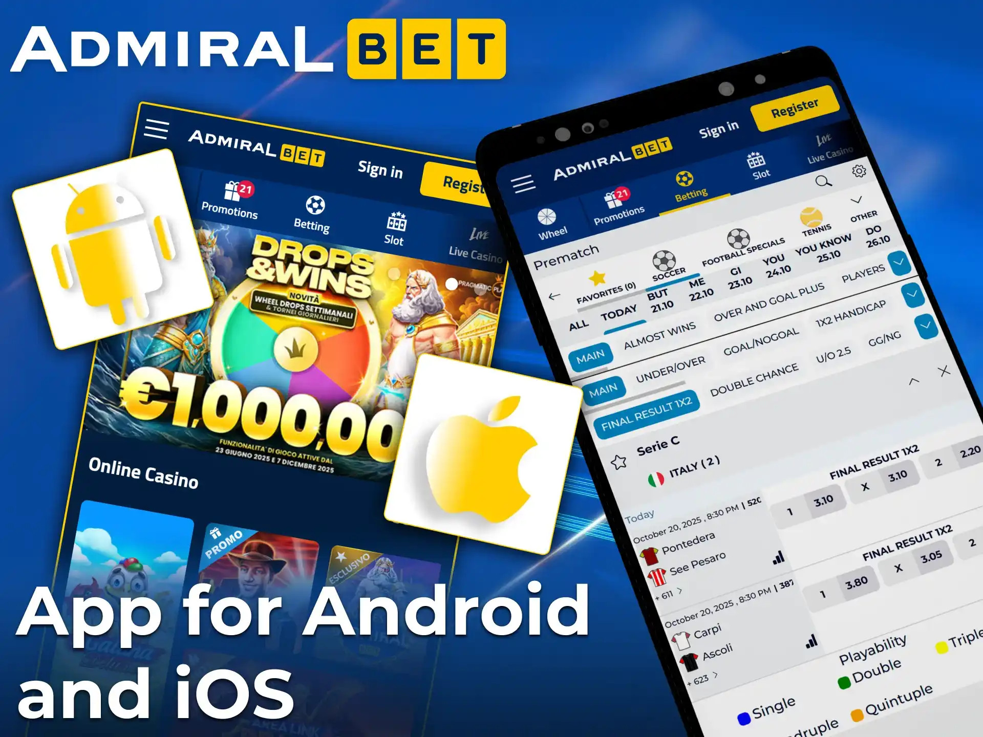 AdmiralBet app for betting and casino on Android and iOS.