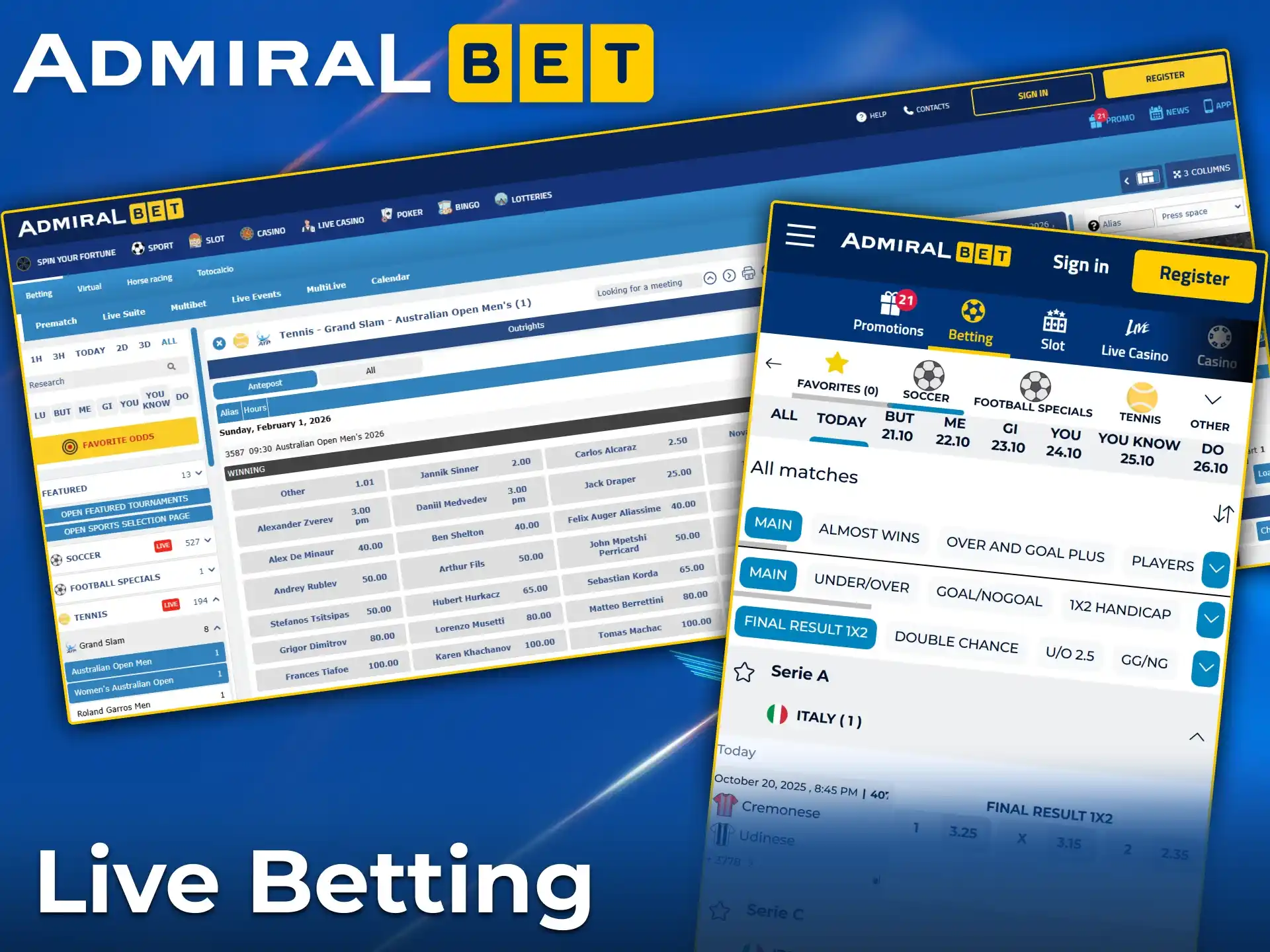 AdmiralBet live betting with real-time odds.