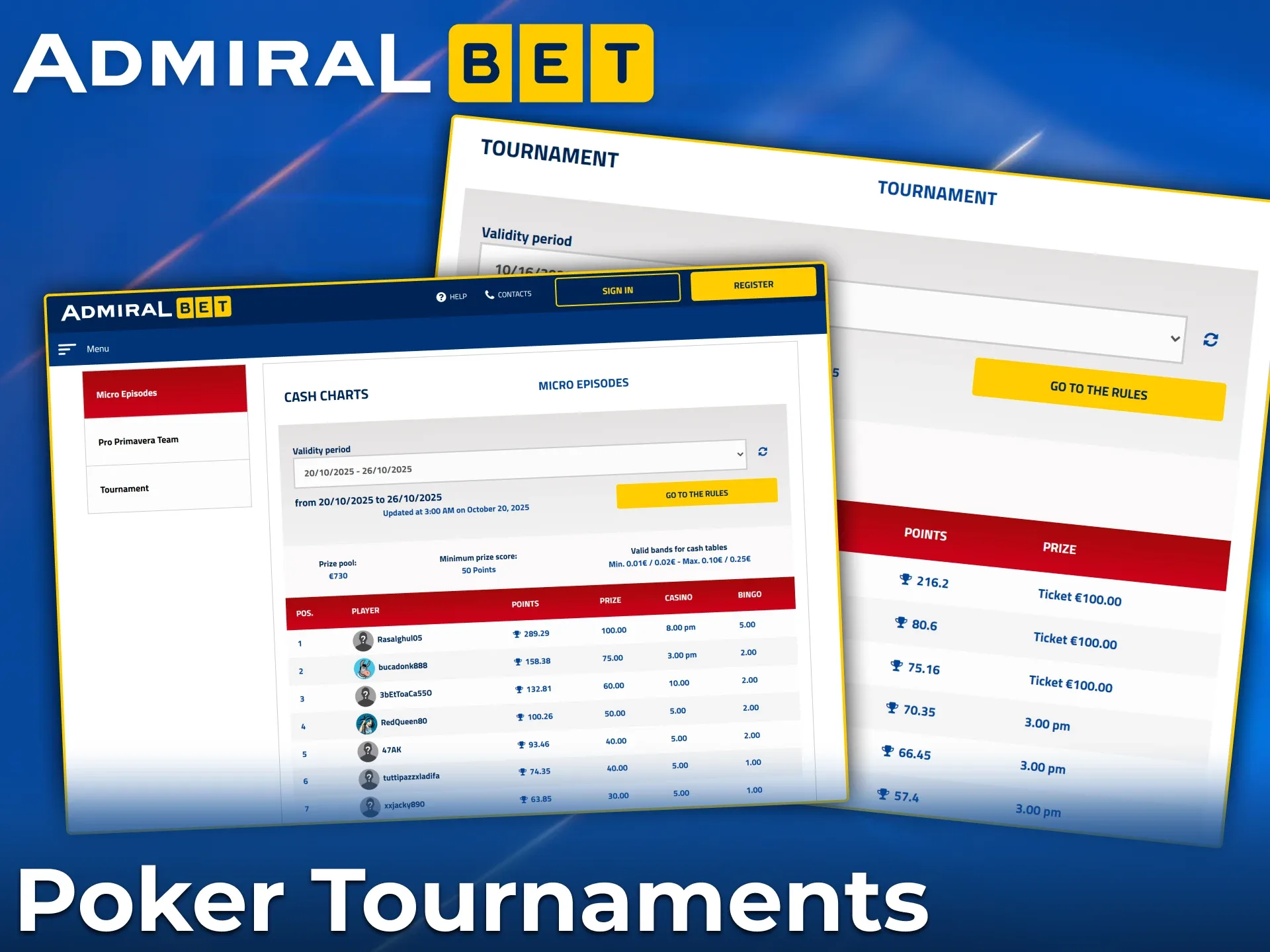 Get a guaranteed prize from a poker tournament at the AdmiralBet online casino.