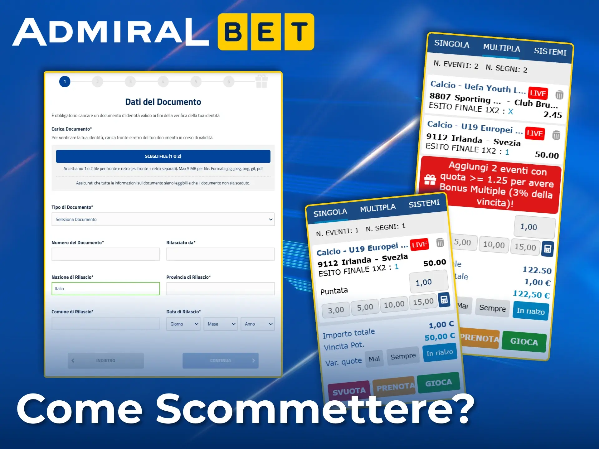 Verifica facilmente la tua identità e piazza scommesse singole o multiple su AdmiralBet.