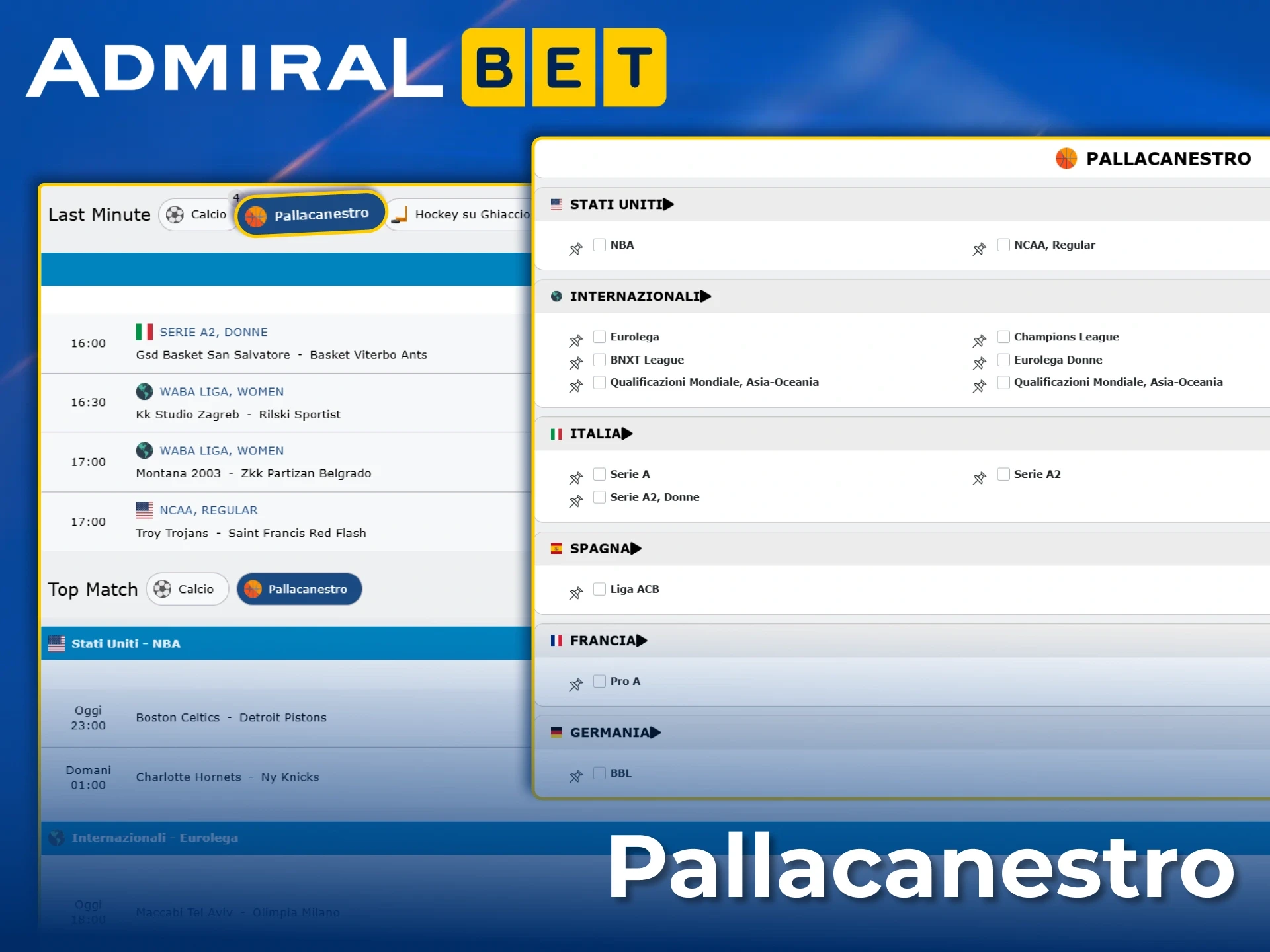 Scommetti su entusiasmanti campionati di pallacanestro come l'NBA su AdmiralBet.