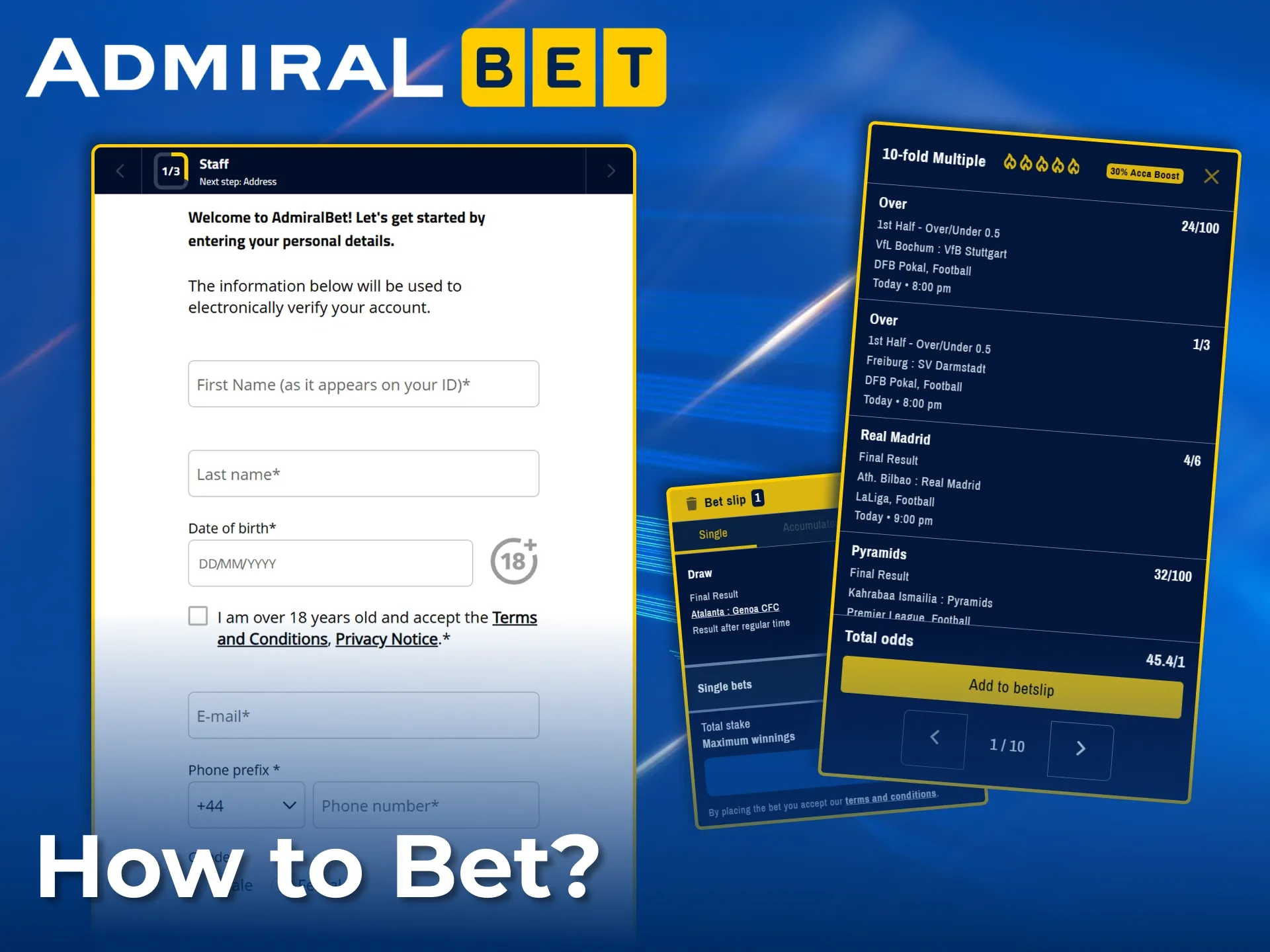 Easily verify your identity and place single or multiple bets at AdmiralBet.